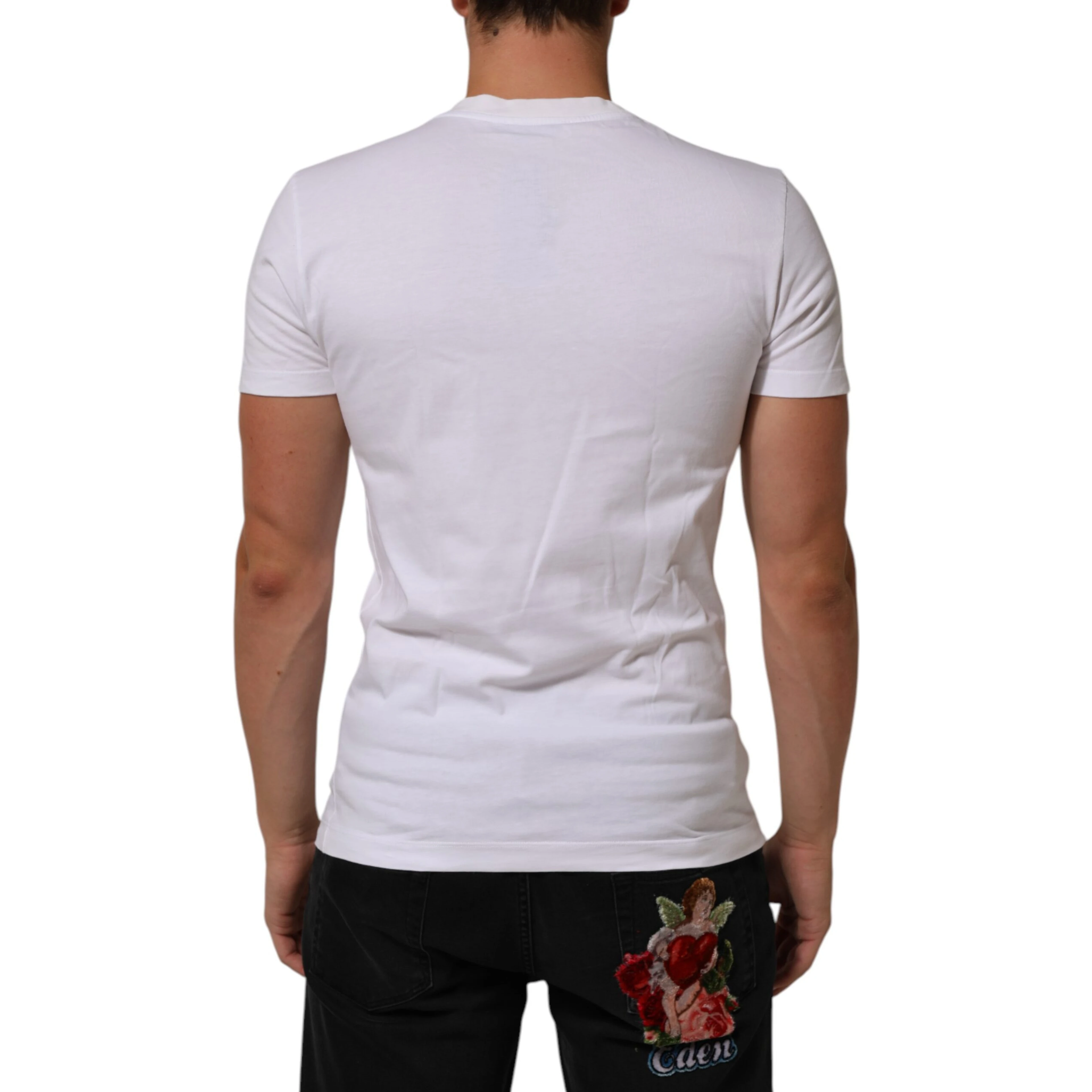 White Cotton Logo Print Crew Neck Men T-shirt