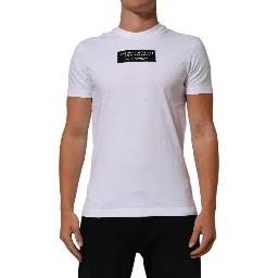 White Cotton Logo Print Crew Neck Men T-shirt