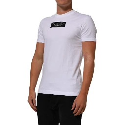 White Cotton Logo Print Crew Neck Men T-shirt