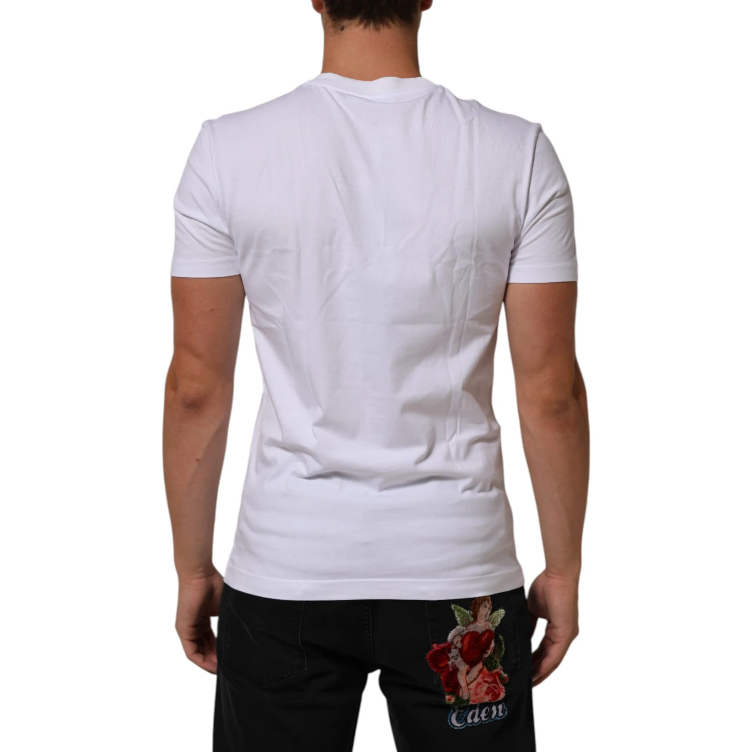 White Cotton Logo Print Crew Neck Men T-shirt