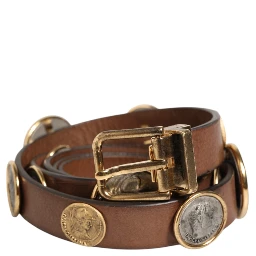 Brown Leather Gold Silver Coin Buckle Belt
