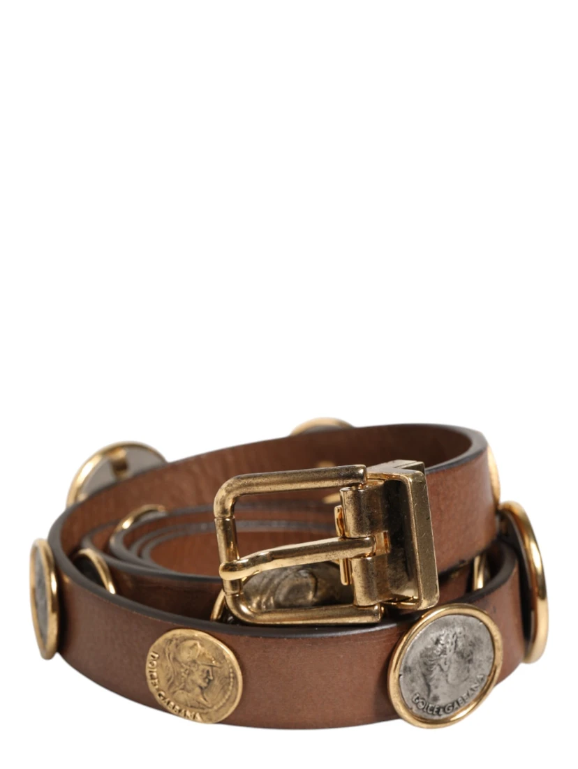 Brown Leather Gold Silver Coin Buckle Belt