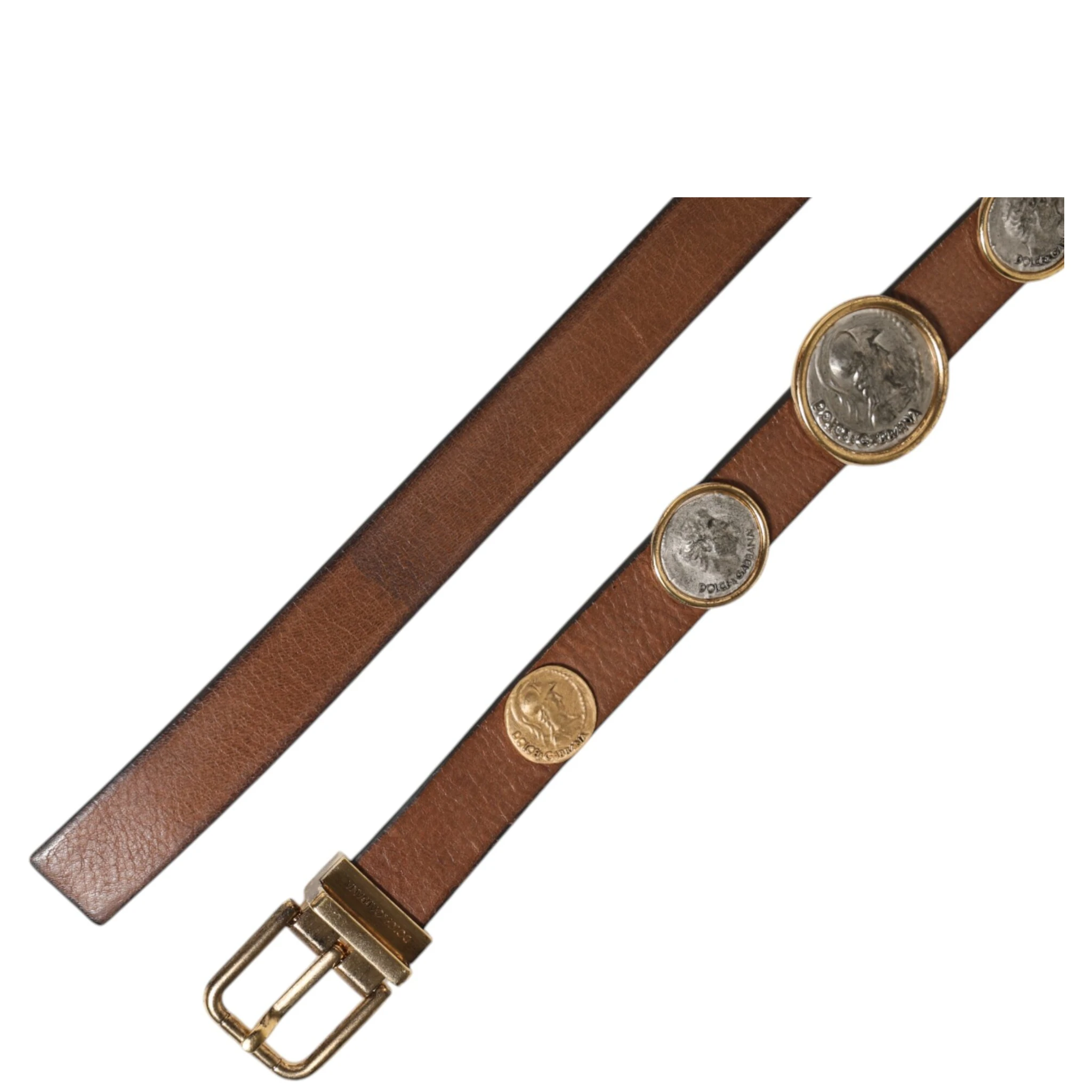 Brown Leather Gold Silver Coin Buckle Belt
