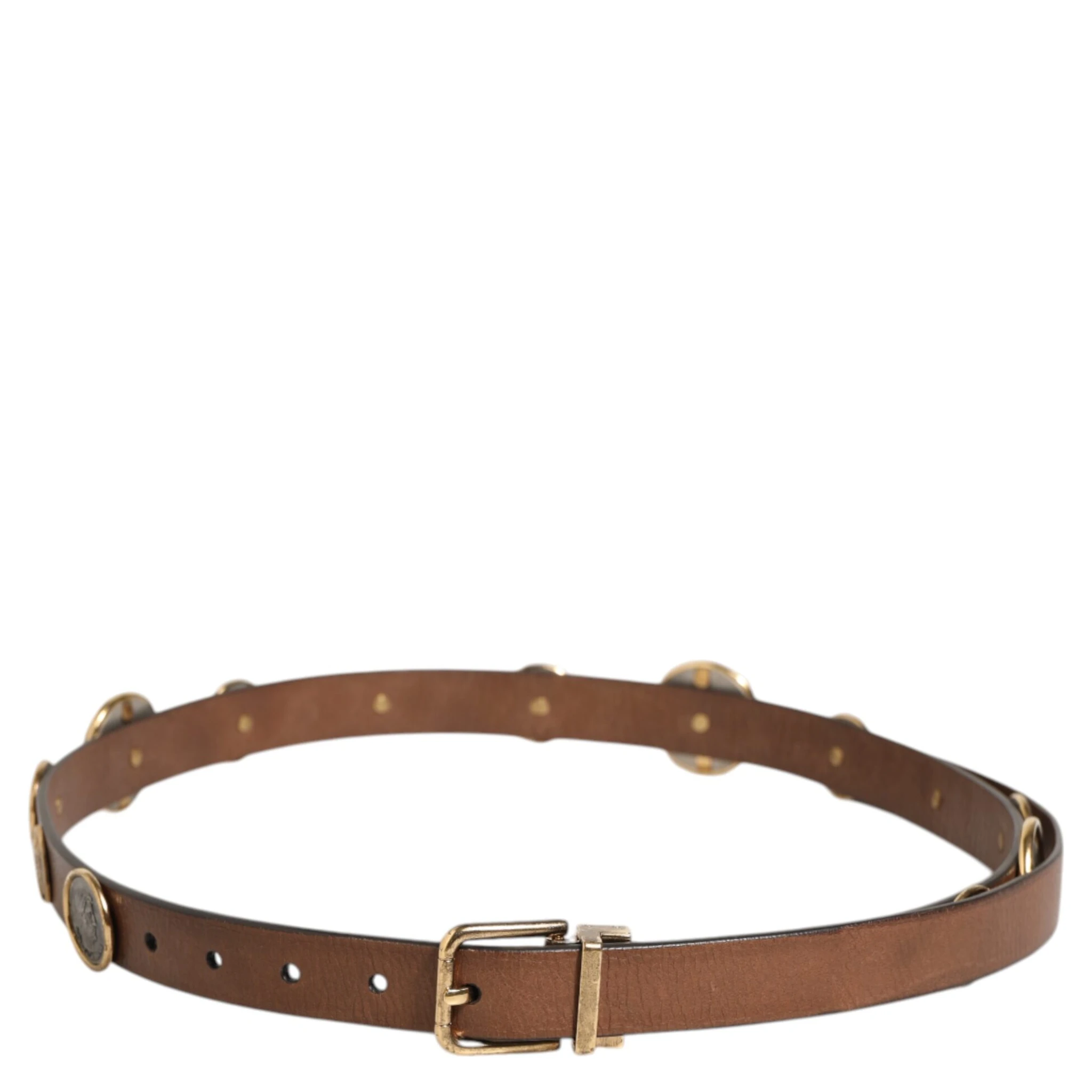 Brown Leather Gold Silver Coin Buckle Belt
