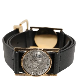 Black Leather Gold Silver Coin Buckle Belt