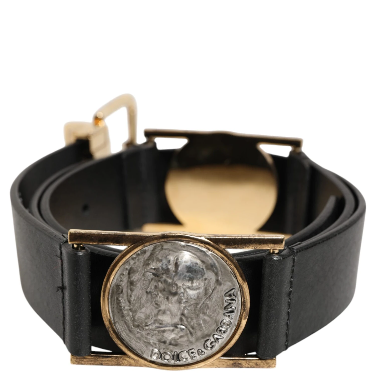 Black Leather Gold Silver Coin Buckle Belt
