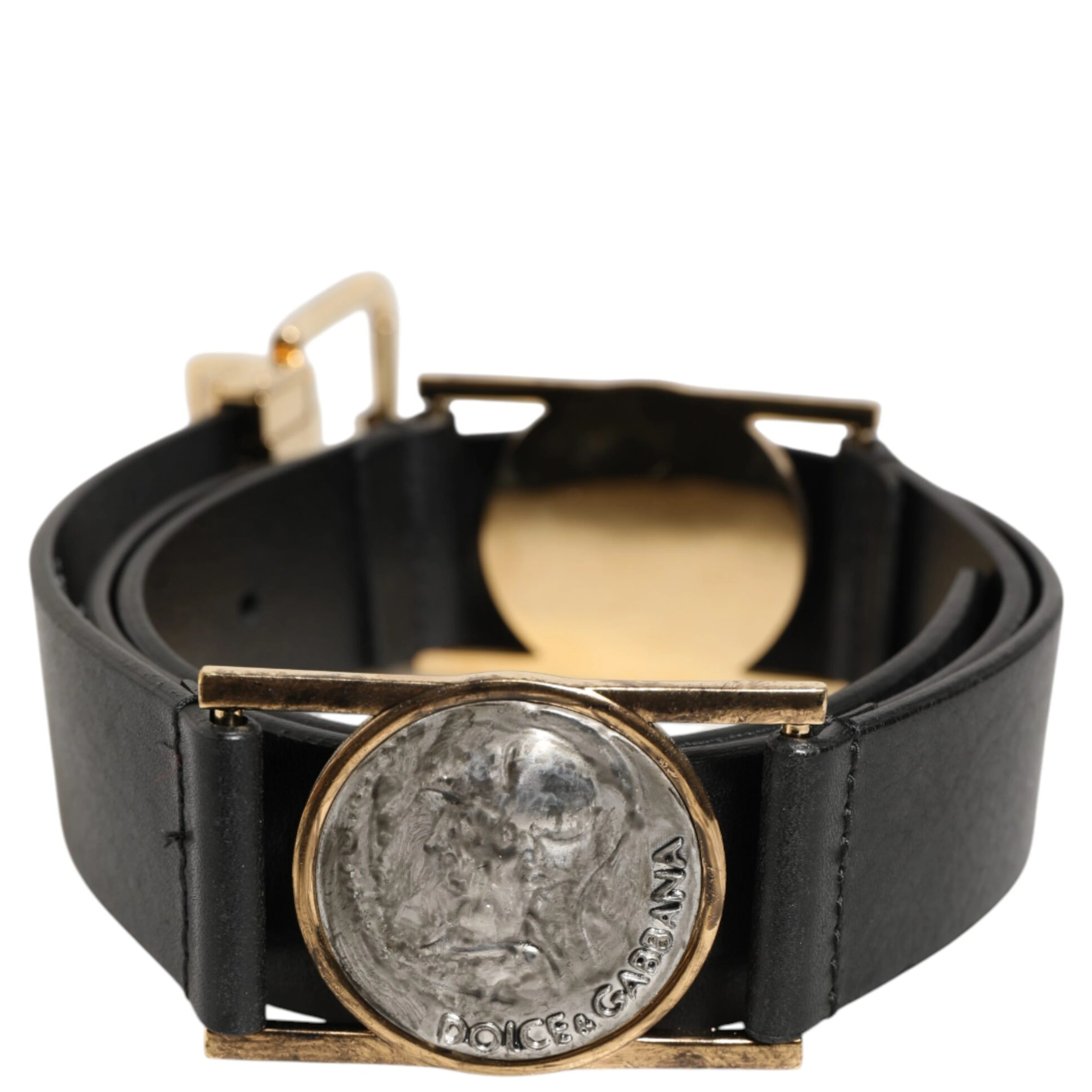 Black Leather Gold Silver Coin Buckle Belt