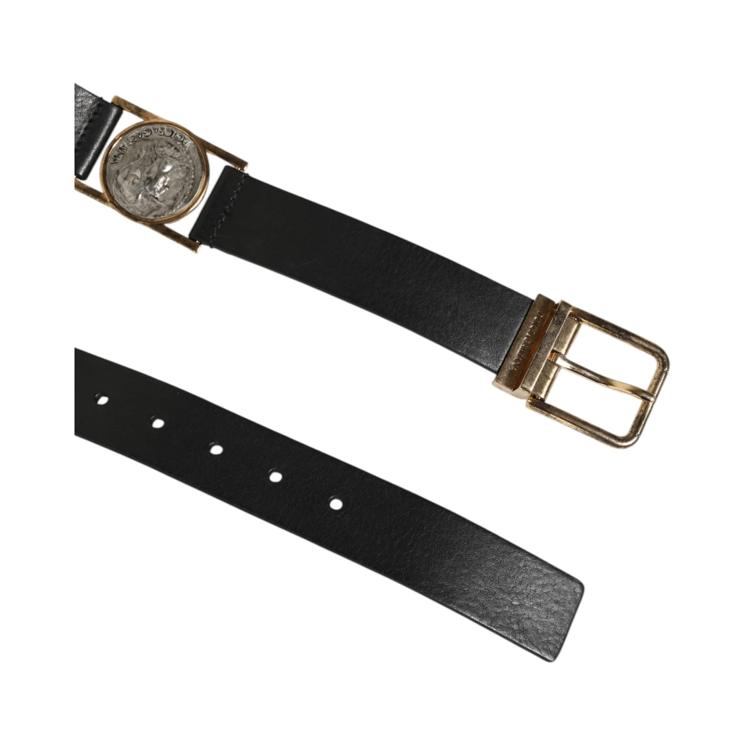 Black Leather Gold Silver Coin Buckle Belt