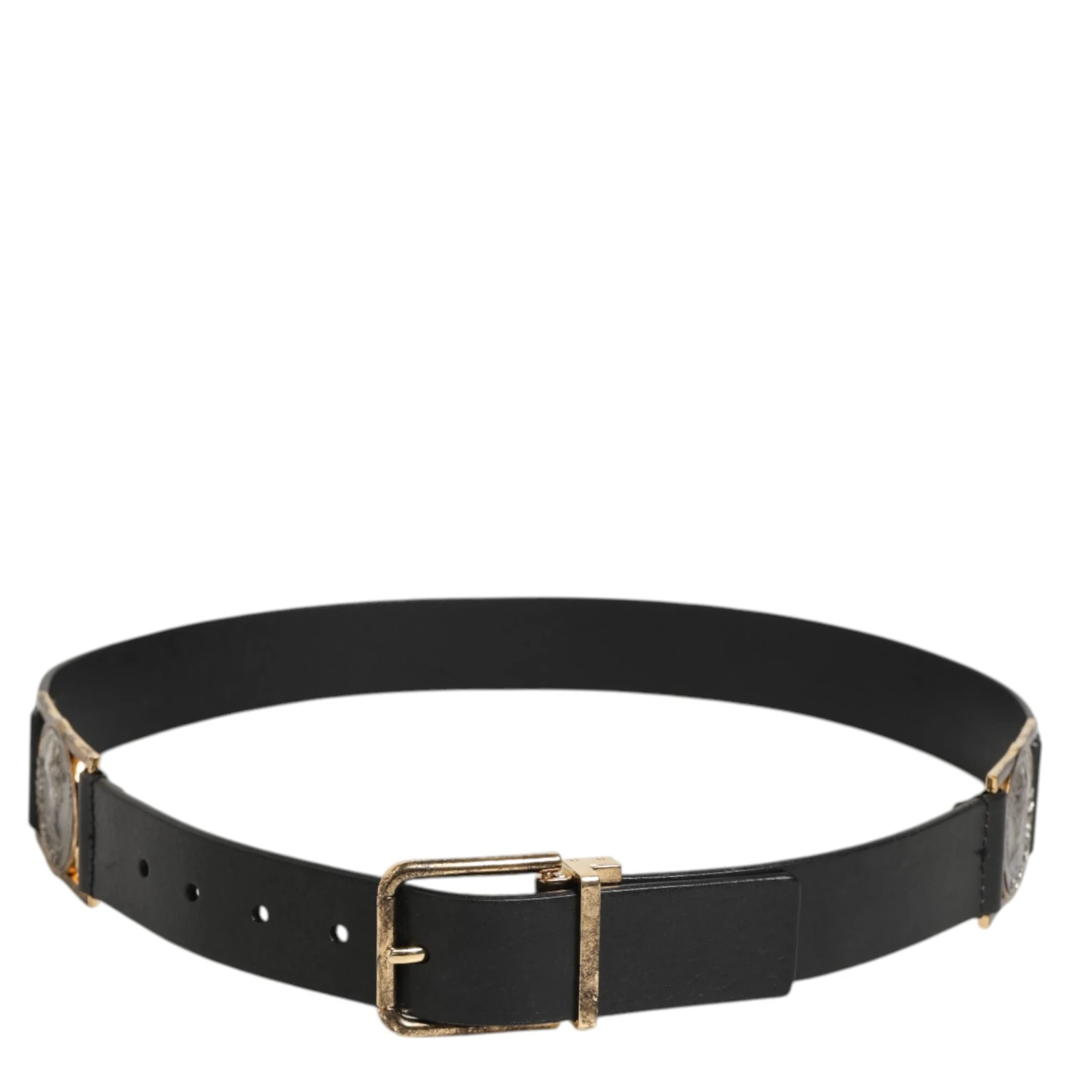 Black Leather Gold Silver Coin Buckle Belt