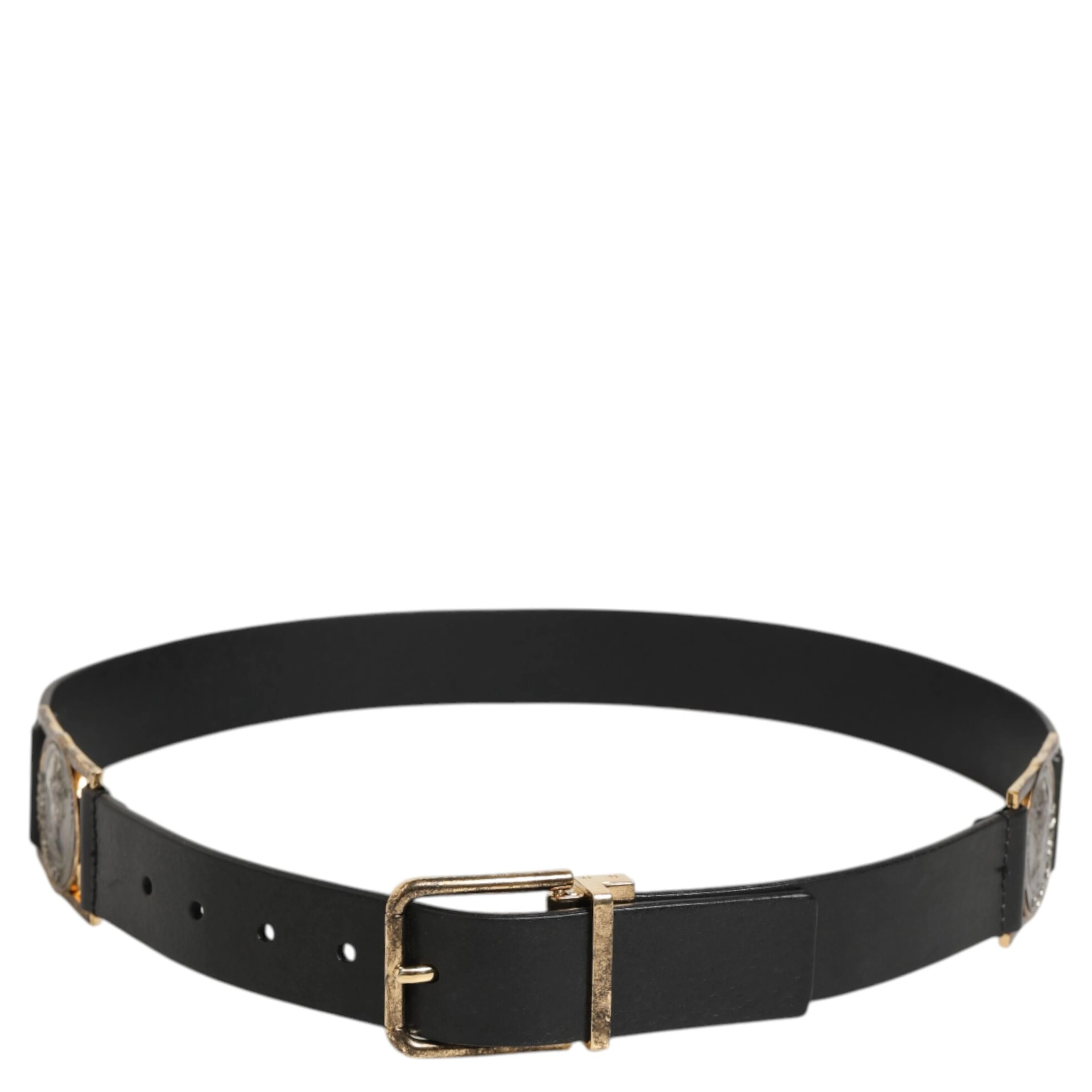 Black Leather Gold Silver Coin Buckle Belt