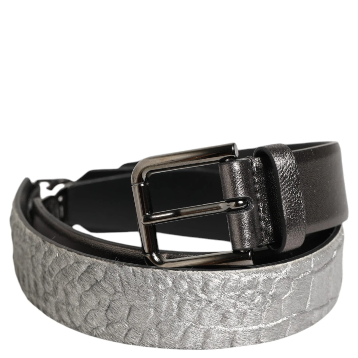 Black Silver Pebbled Texture Leather Buckle Men Belt