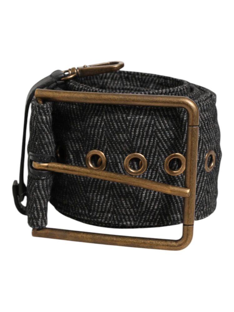 Grey Fabric Logo Plate Metal Brass Buckle Belt