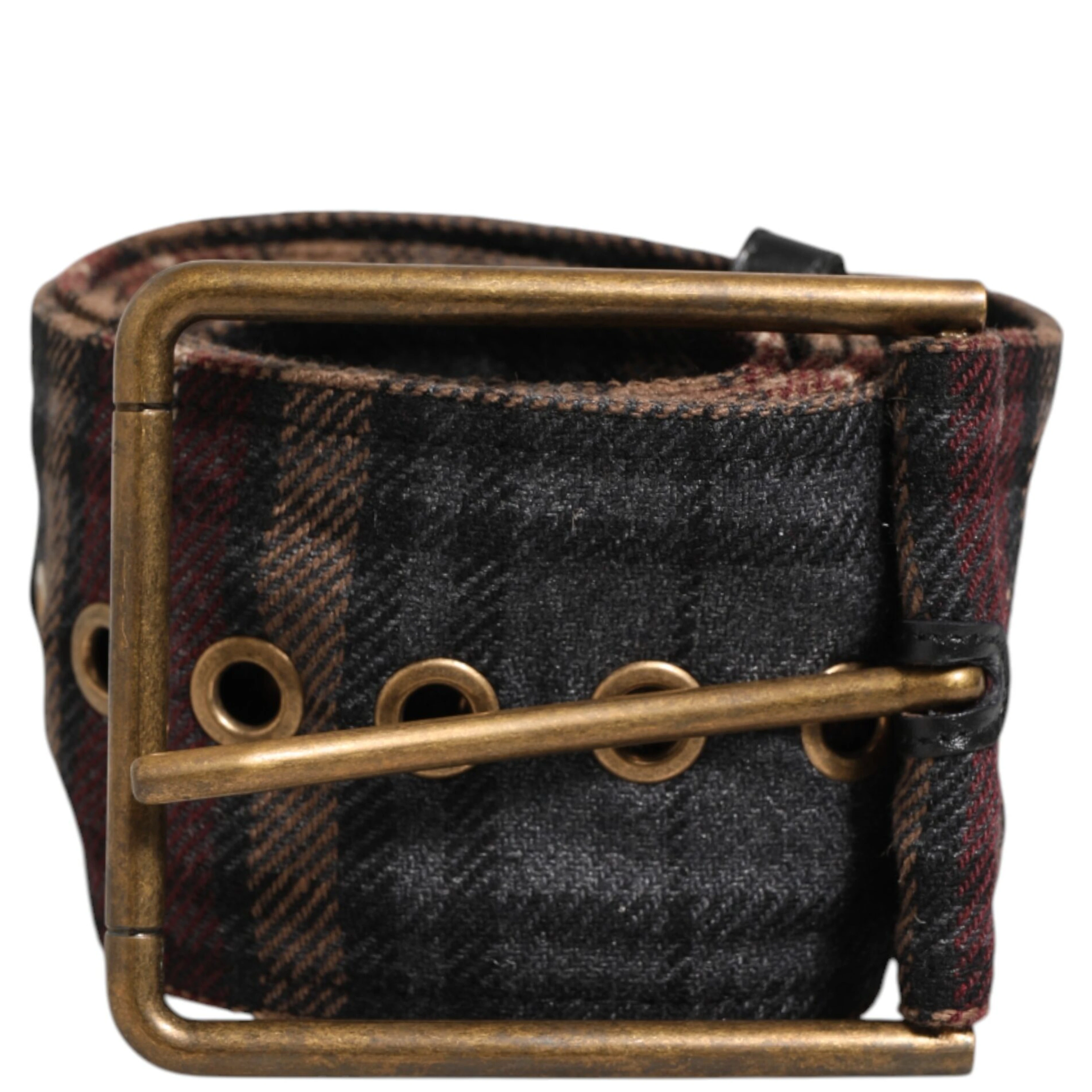 Plaid Fabric Logo Plate Brass Buckle Belt