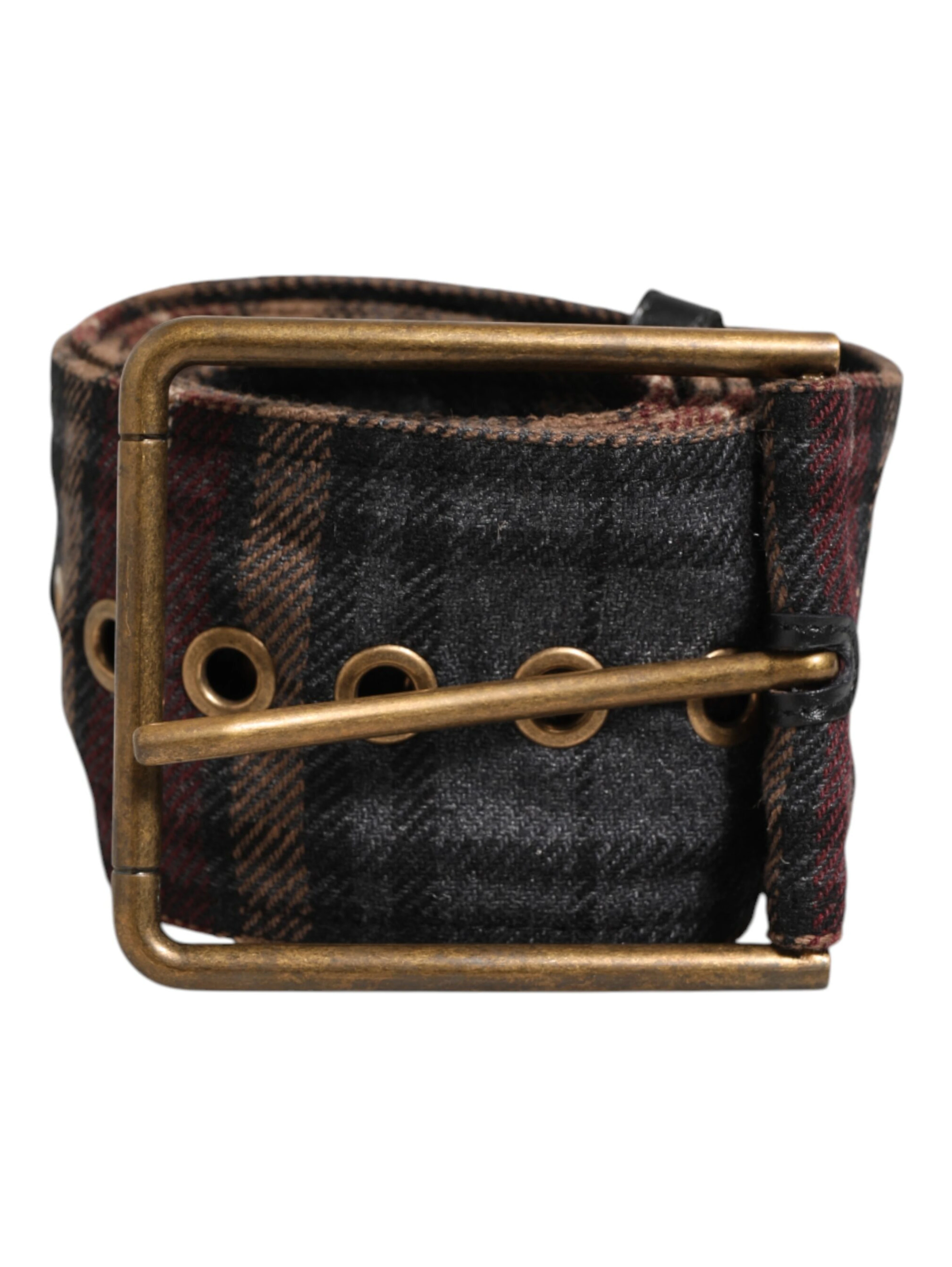 Plaid Fabric Logo Plate Brass Buckle Belt