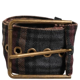 Plaid Fabric Logo Plate Brass Buckle Belt