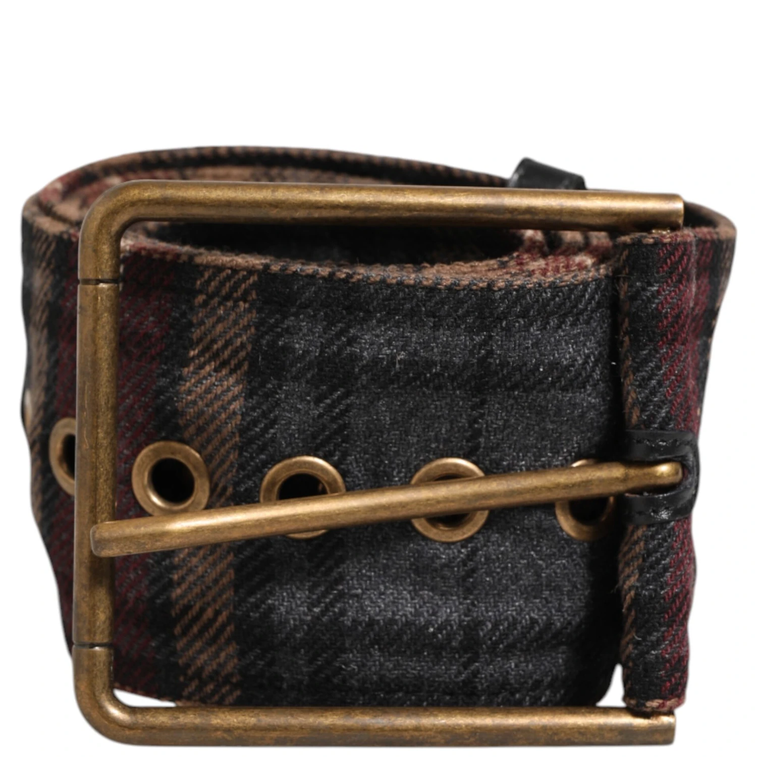 Plaid Fabric Logo Plate Brass Buckle Belt