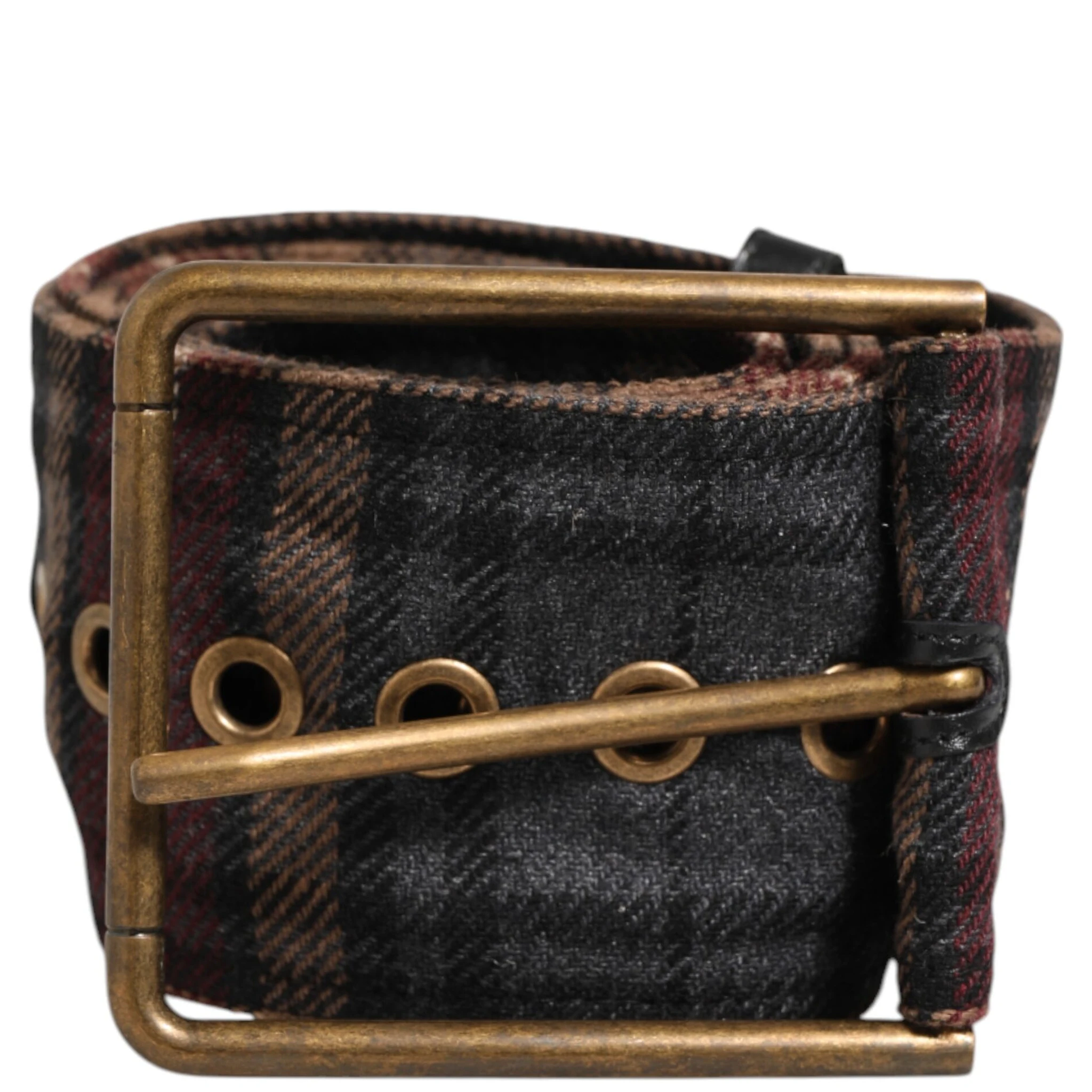 Plaid Fabric Logo Plate Brass Buckle Belt