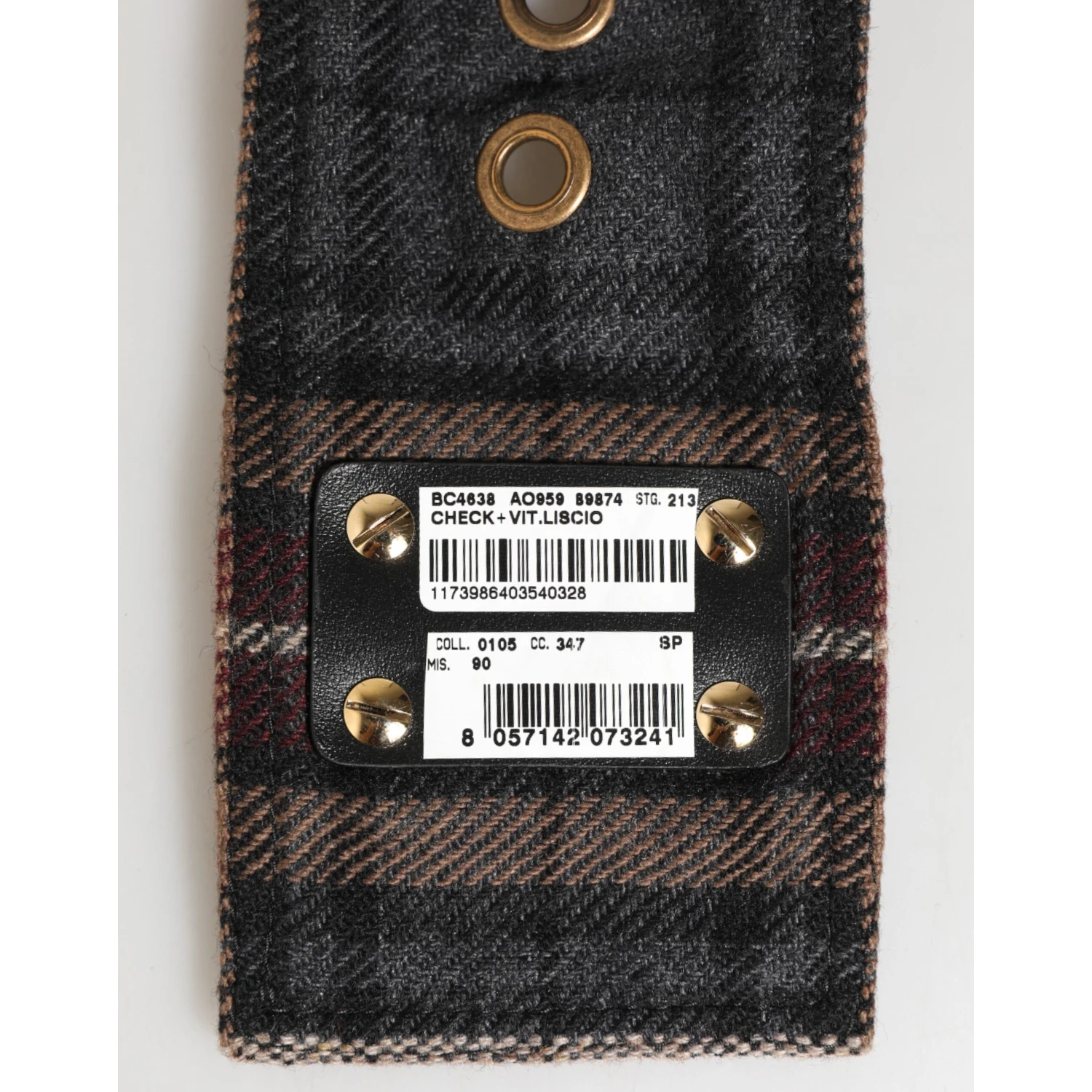 Plaid Fabric Logo Plate Brass Buckle Belt