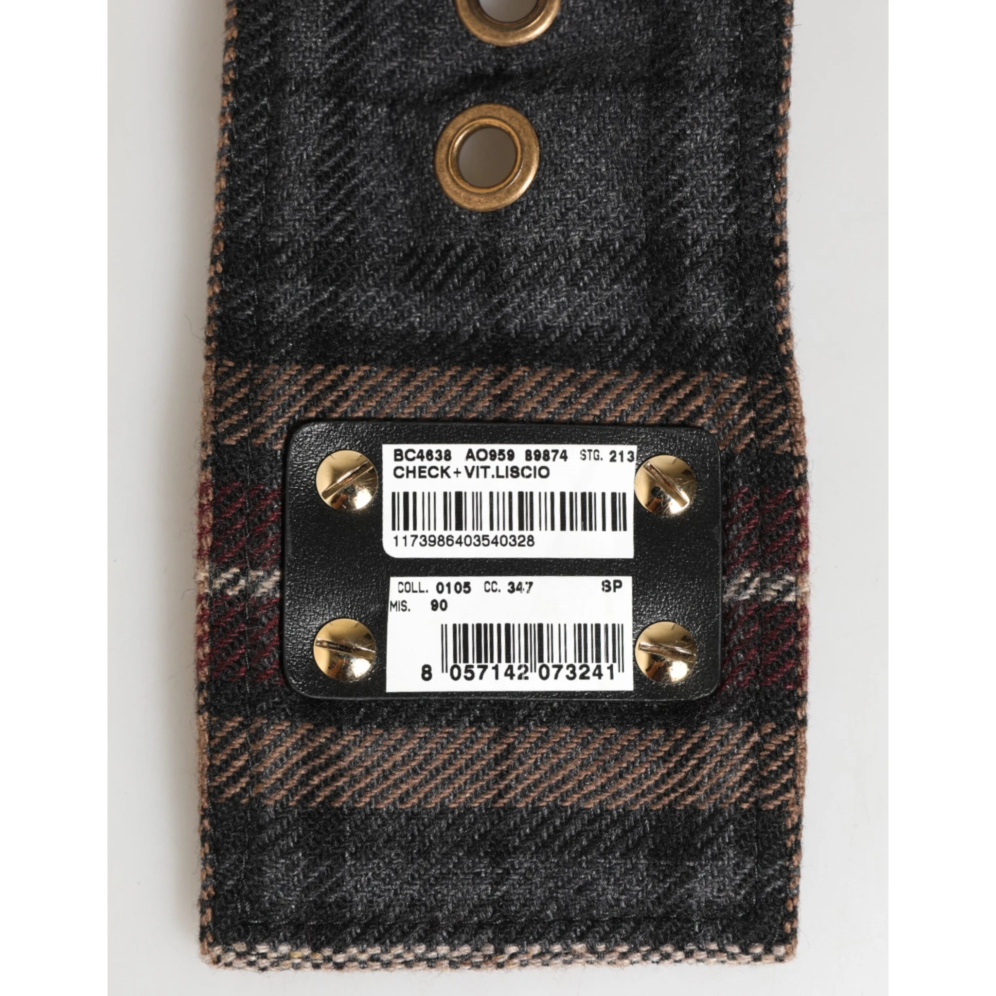 Plaid Fabric Logo Plate Brass Buckle Belt