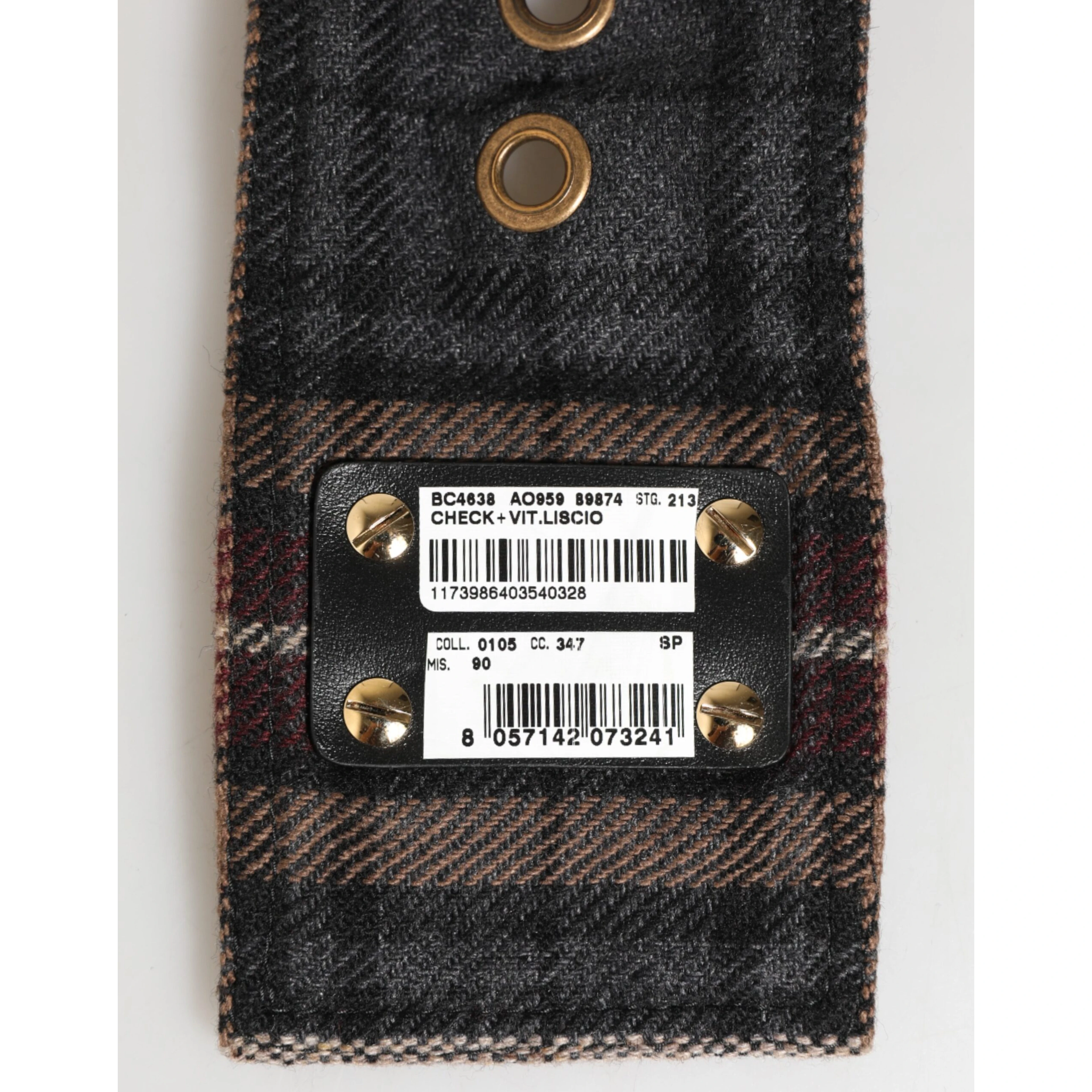 Plaid Fabric Logo Plate Brass Buckle Belt
