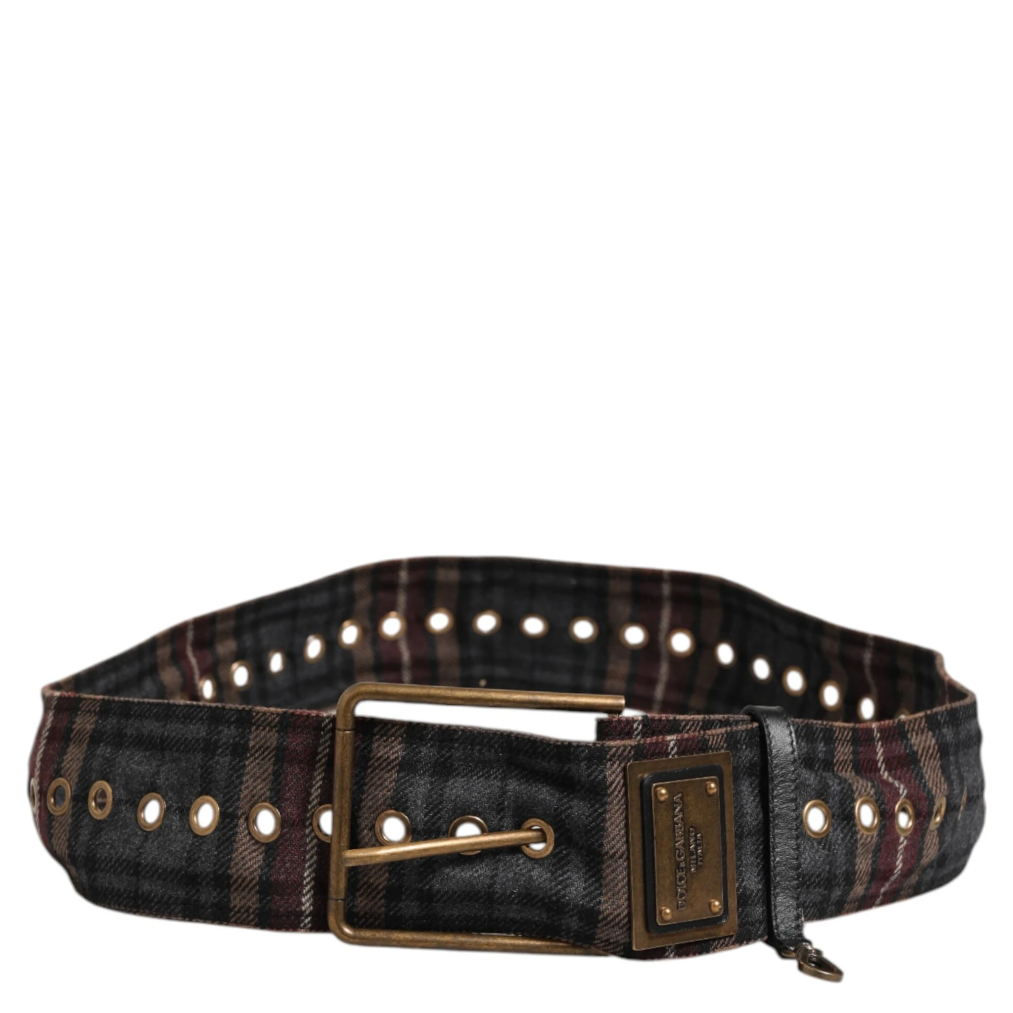 Plaid Fabric Logo Plate Brass Buckle Belt