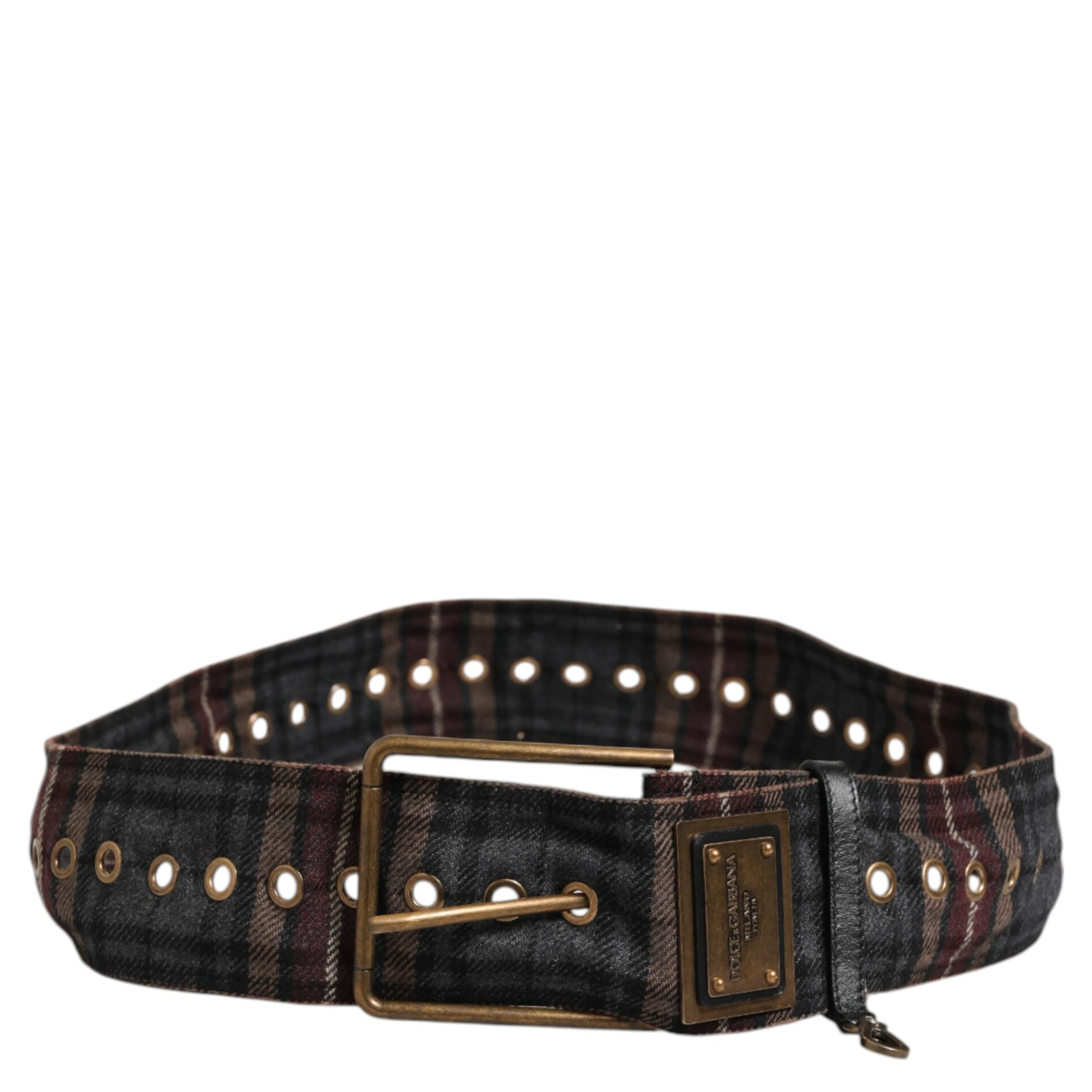 Plaid Fabric Logo Plate Brass Buckle Belt