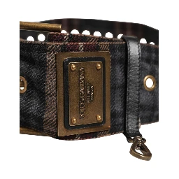 Plaid Fabric Logo Plate Brass Buckle Belt