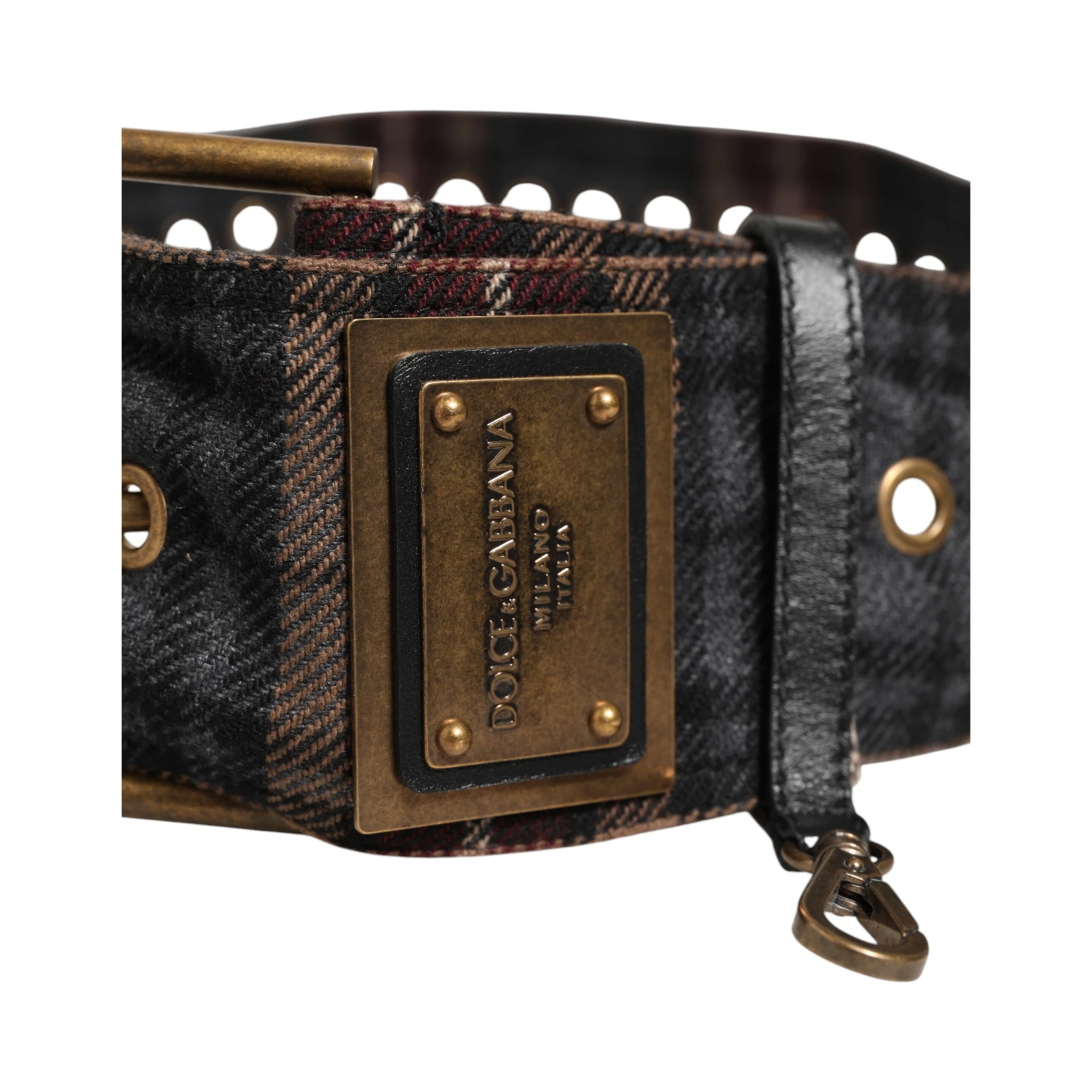 Plaid Fabric Logo Plate Brass Buckle Belt