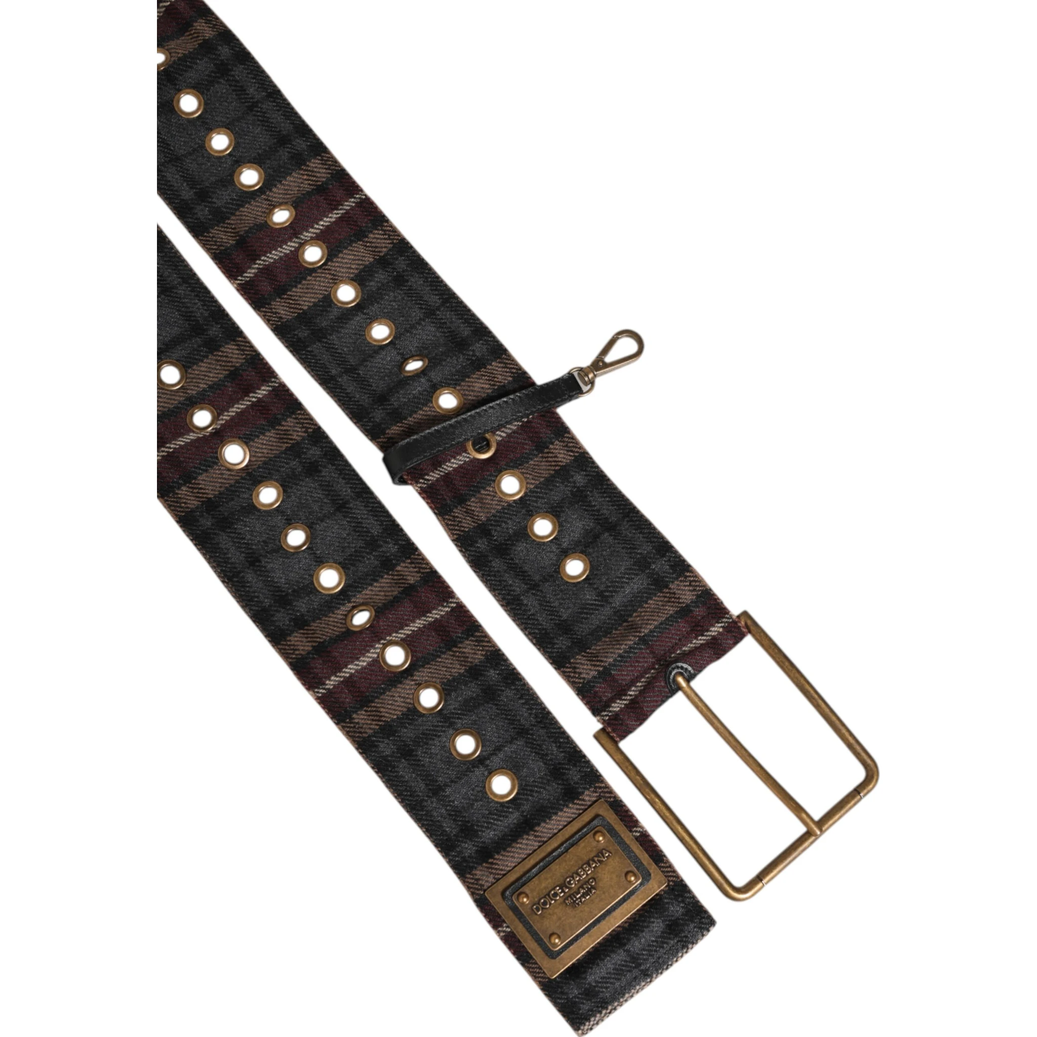 Plaid Fabric Logo Plate Brass Buckle Belt