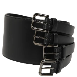 Black Leather 4-Strap Metal Multi-Buckle Belt