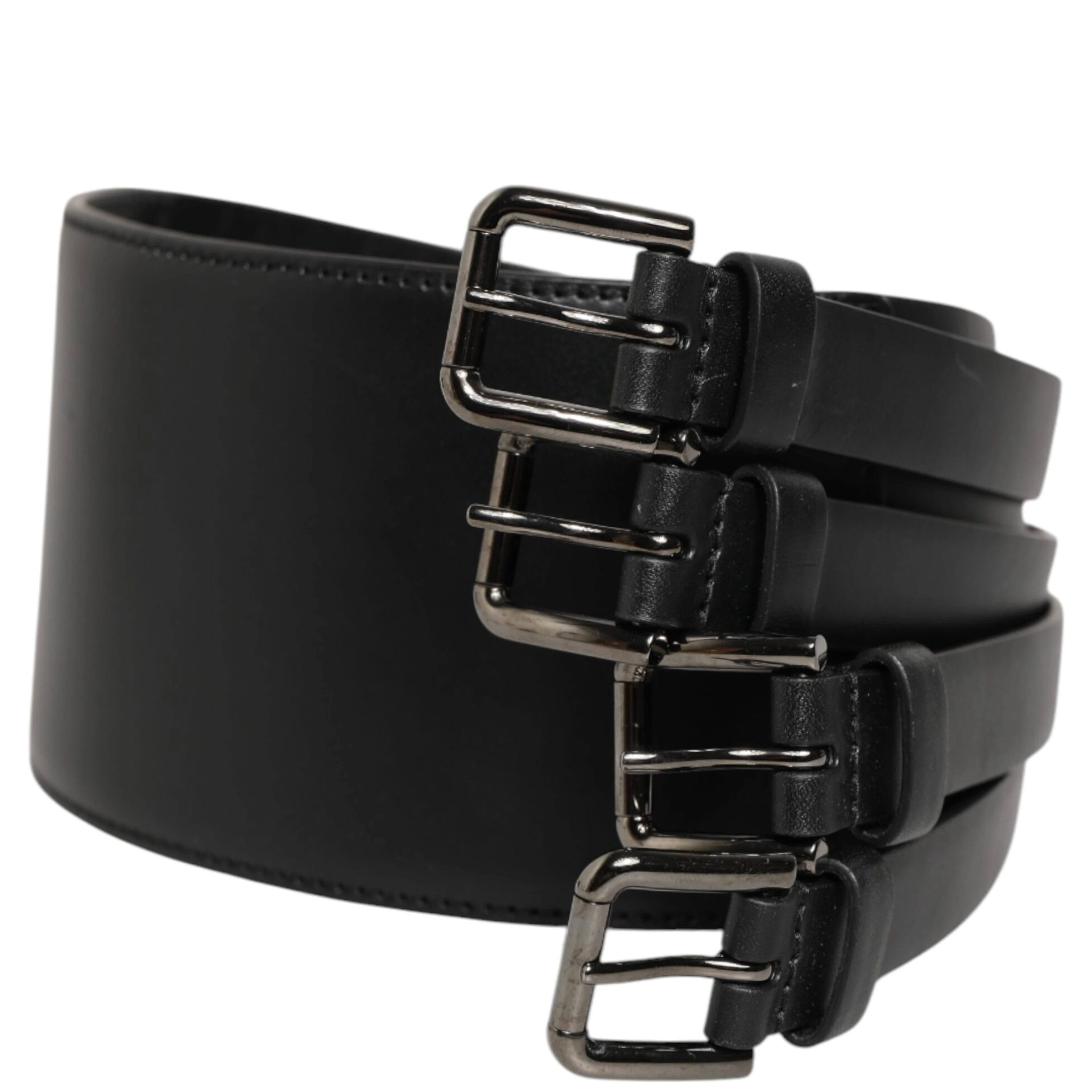 Black Leather 4-Strap Metal Multi-Buckle Belt
