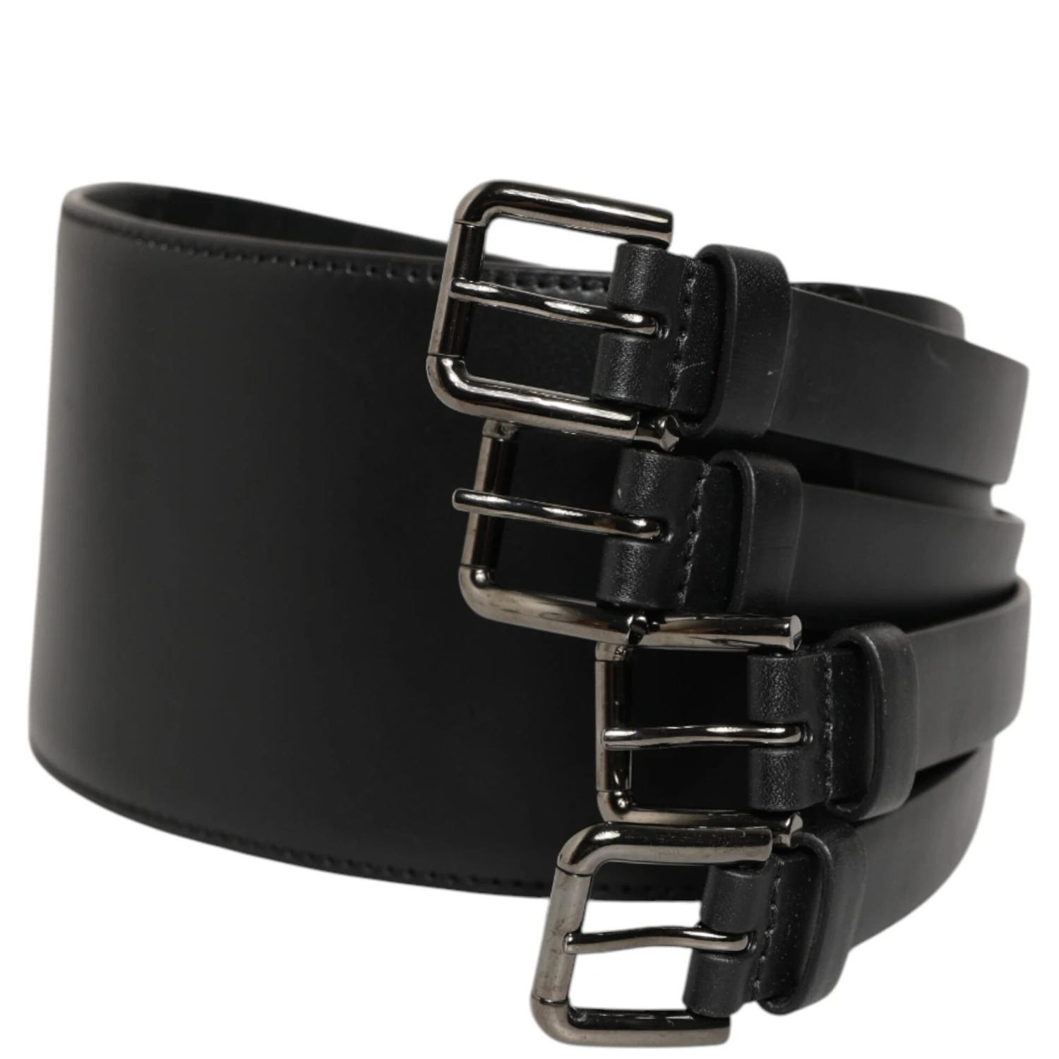 Black Leather 4-Strap Metal Multi-Buckle Belt