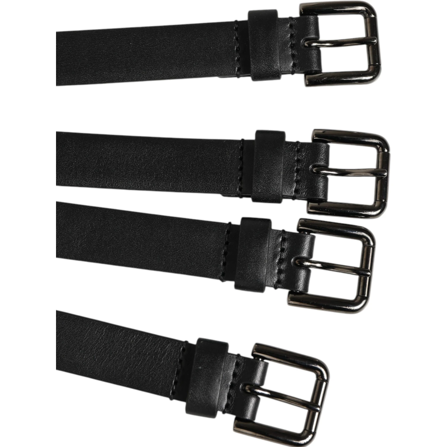 Black Leather 4-Strap Metal Multi-Buckle Belt