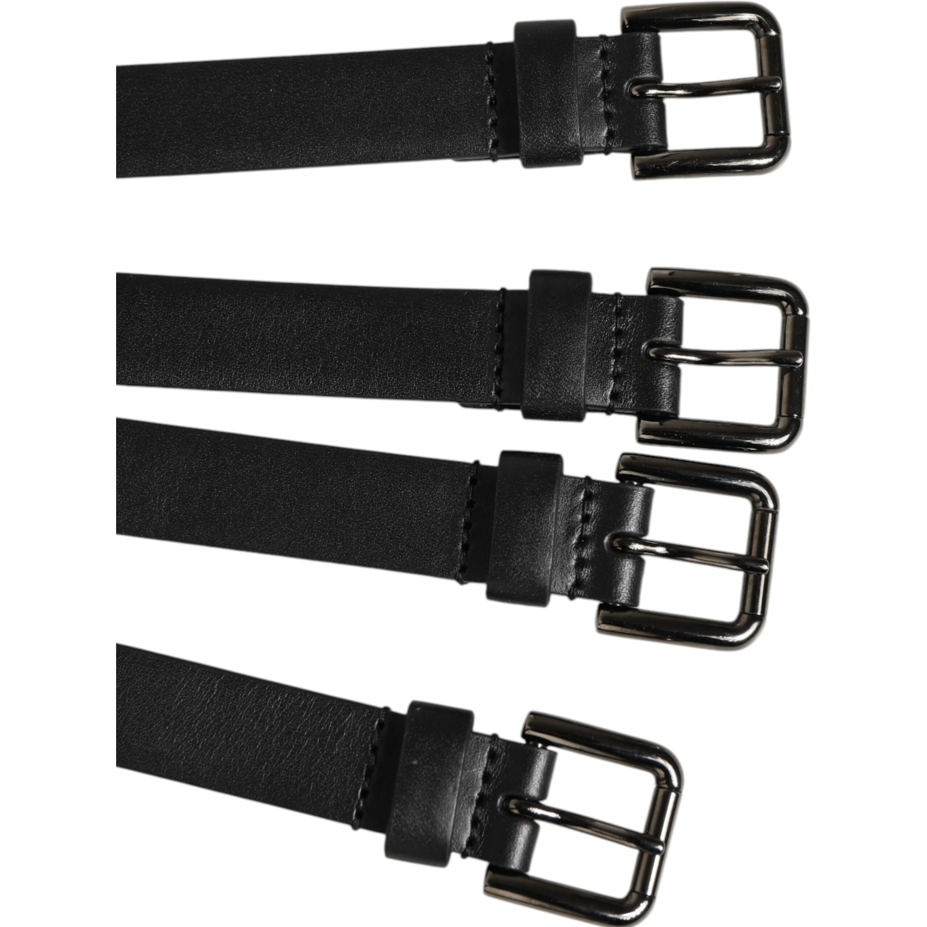 Black Leather 4-Strap Metal Multi-Buckle Belt