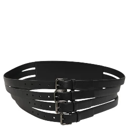 Black Leather 4-Strap Metal Multi-Buckle Belt