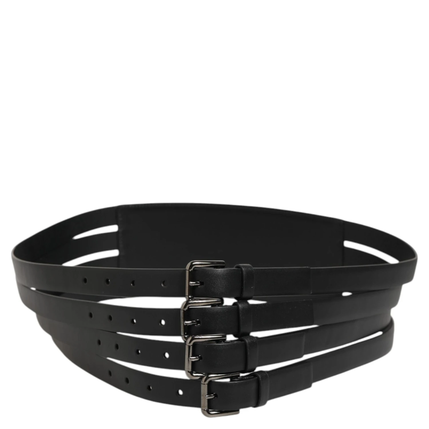 Black Leather 4-Strap Metal Multi-Buckle Belt