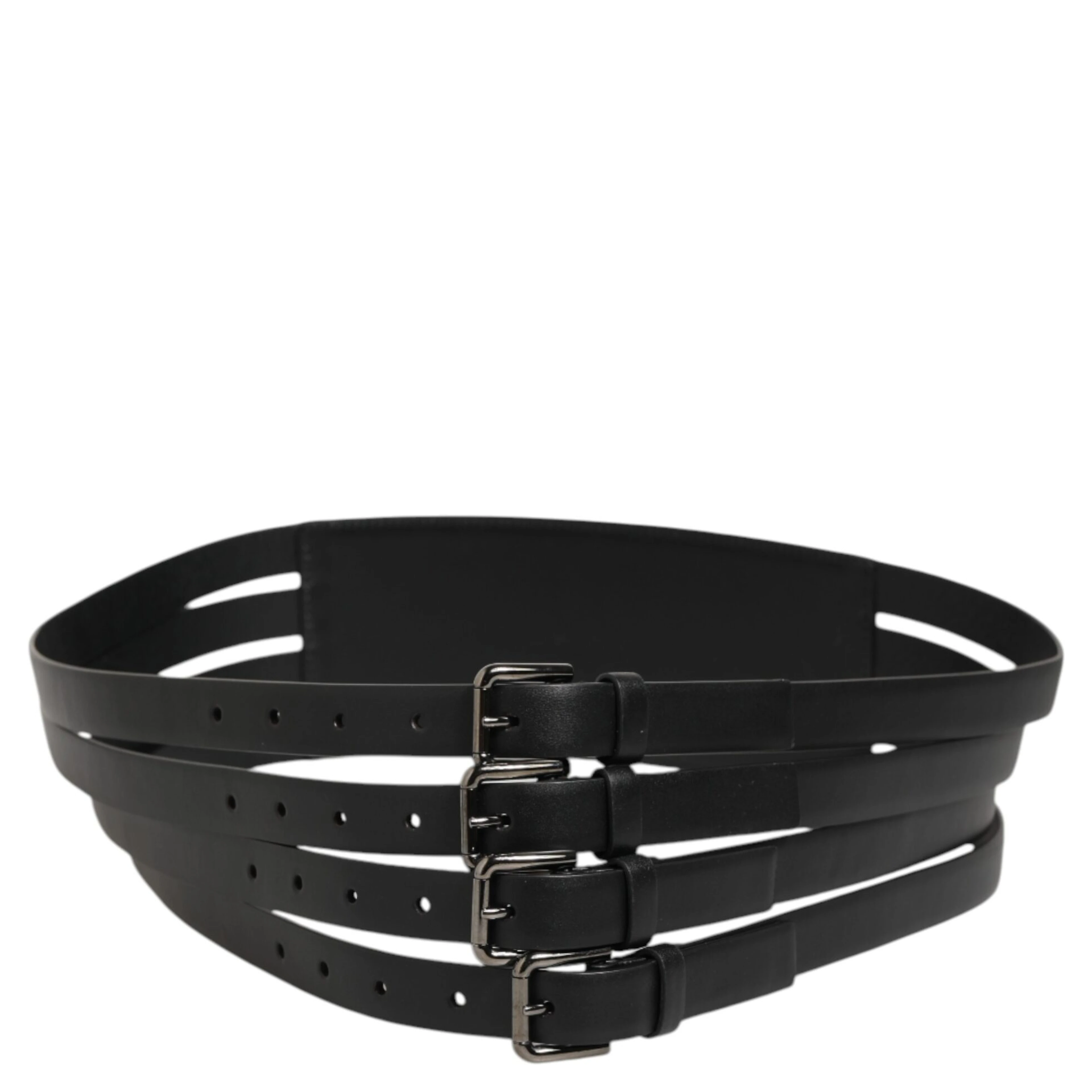 Black Leather 4-Strap Metal Multi-Buckle Belt