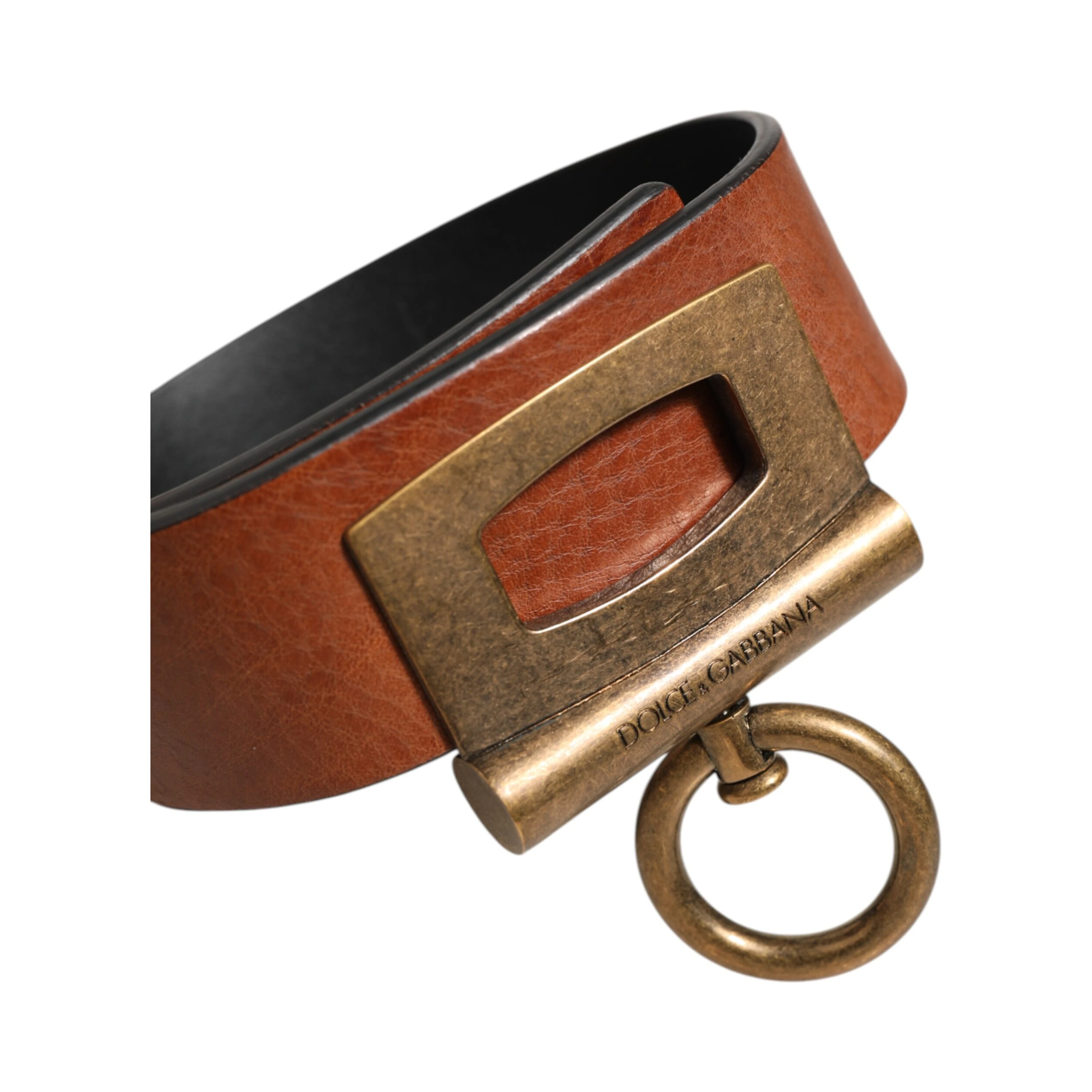 Brown Leather Side Rings Brass Buckle Belt