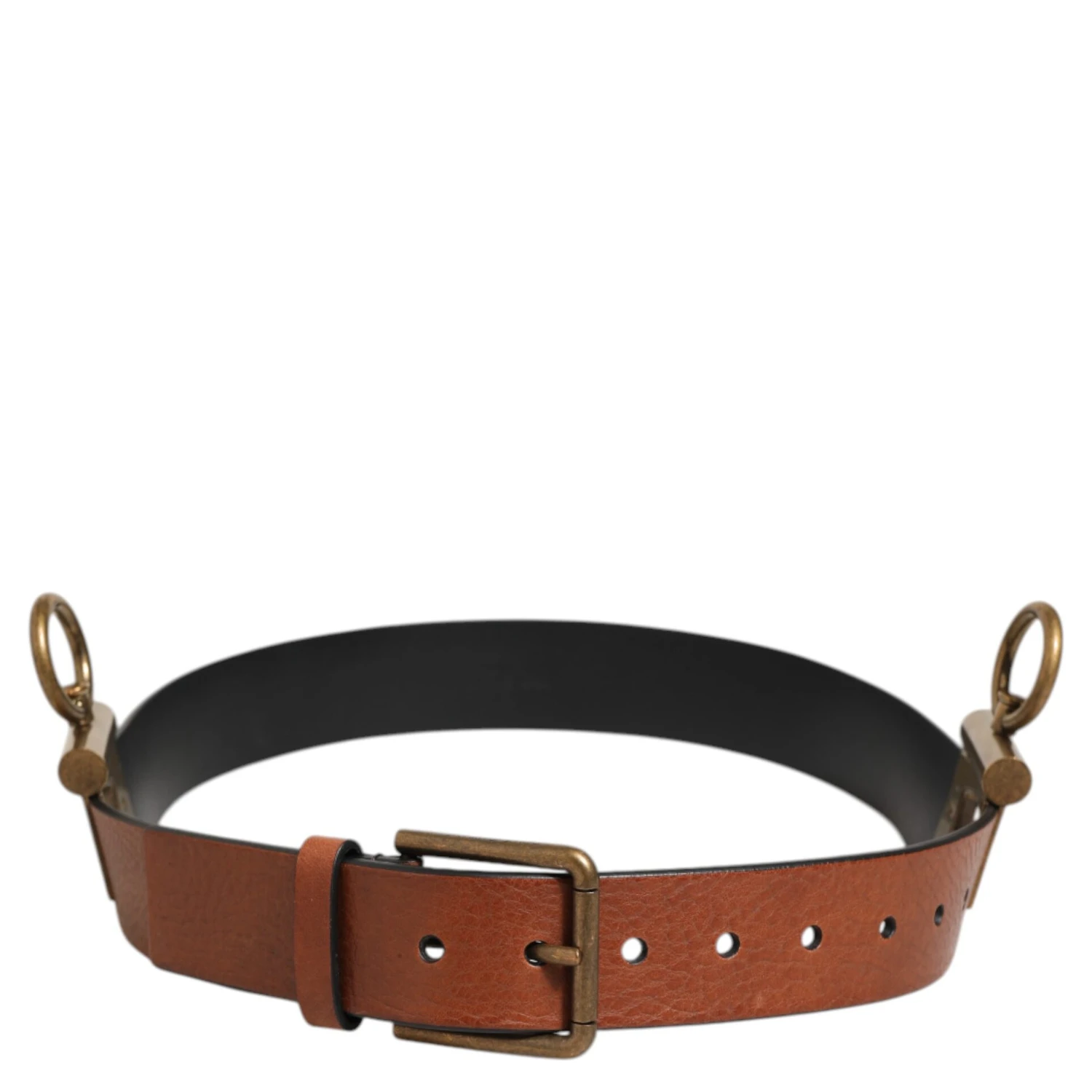 Brown Leather Side Rings Brass Buckle Belt