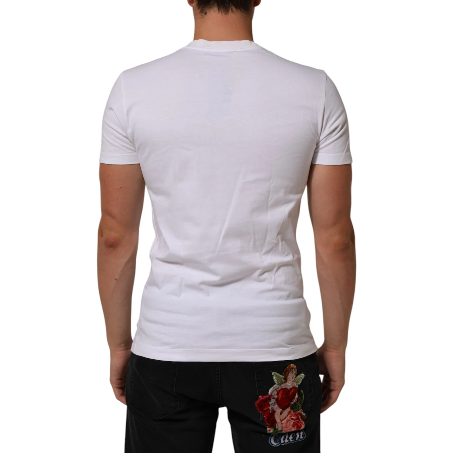 White Cotton Logo Print Crew Neck Men T-shirt