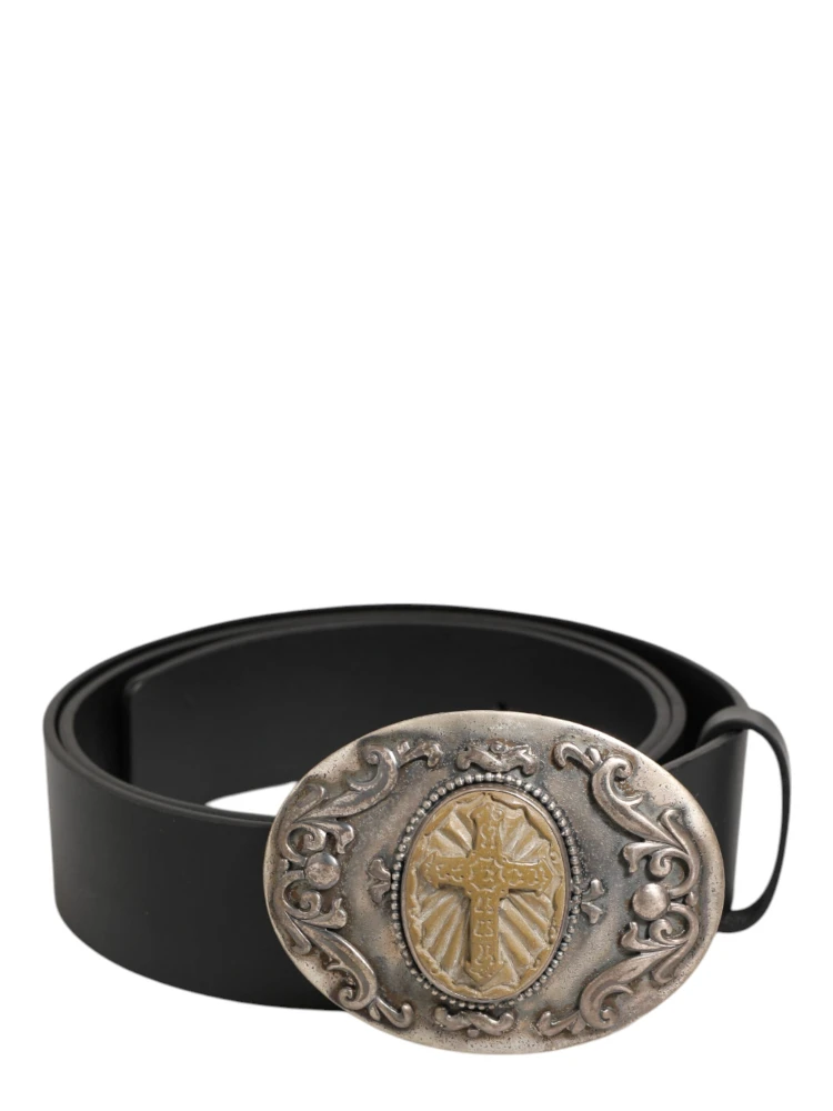 Black Leather Ornate Metal Buckle Men Belt