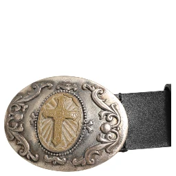 Black Leather Ornate Metal Buckle Men Belt