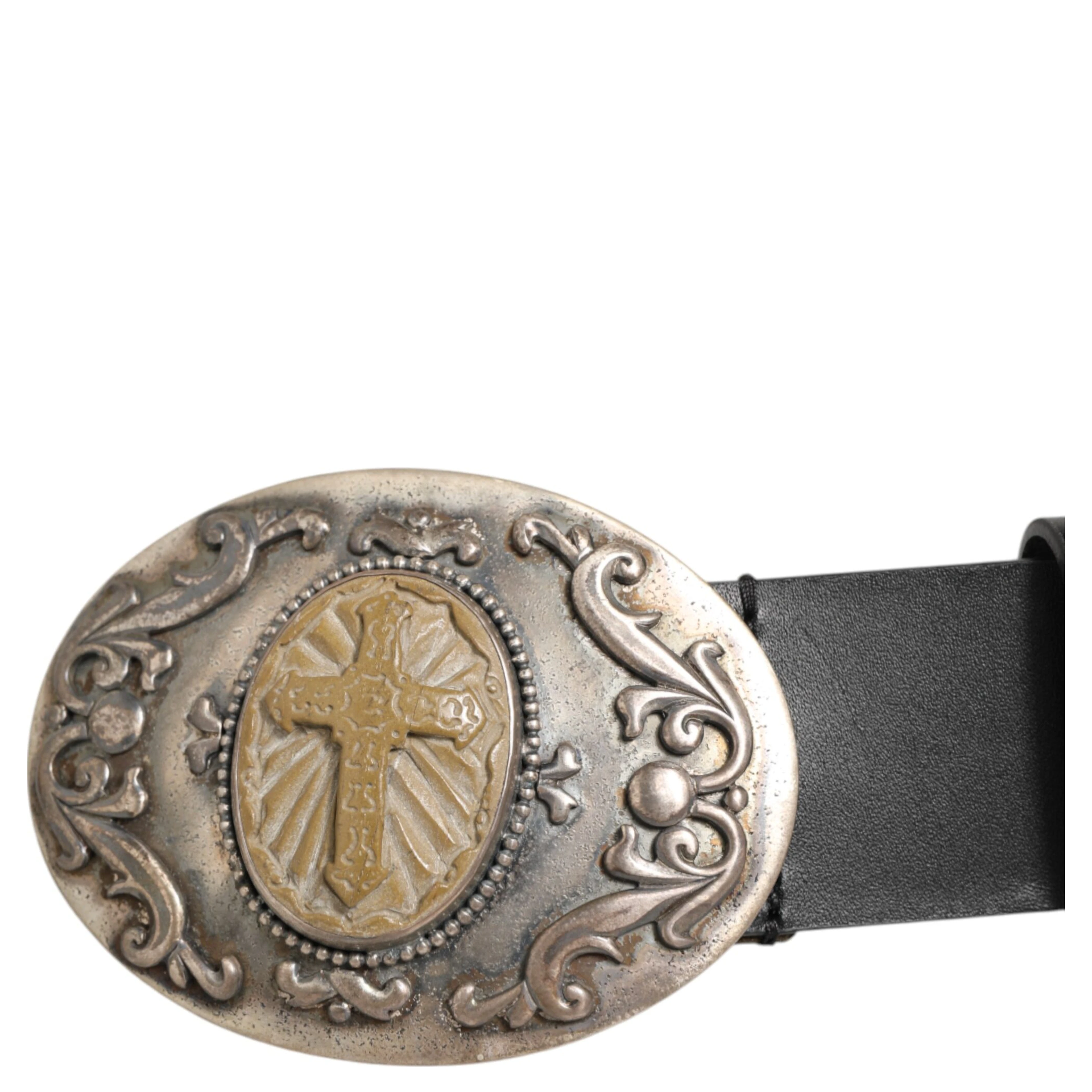 Black Leather Ornate Metal Buckle Men Belt