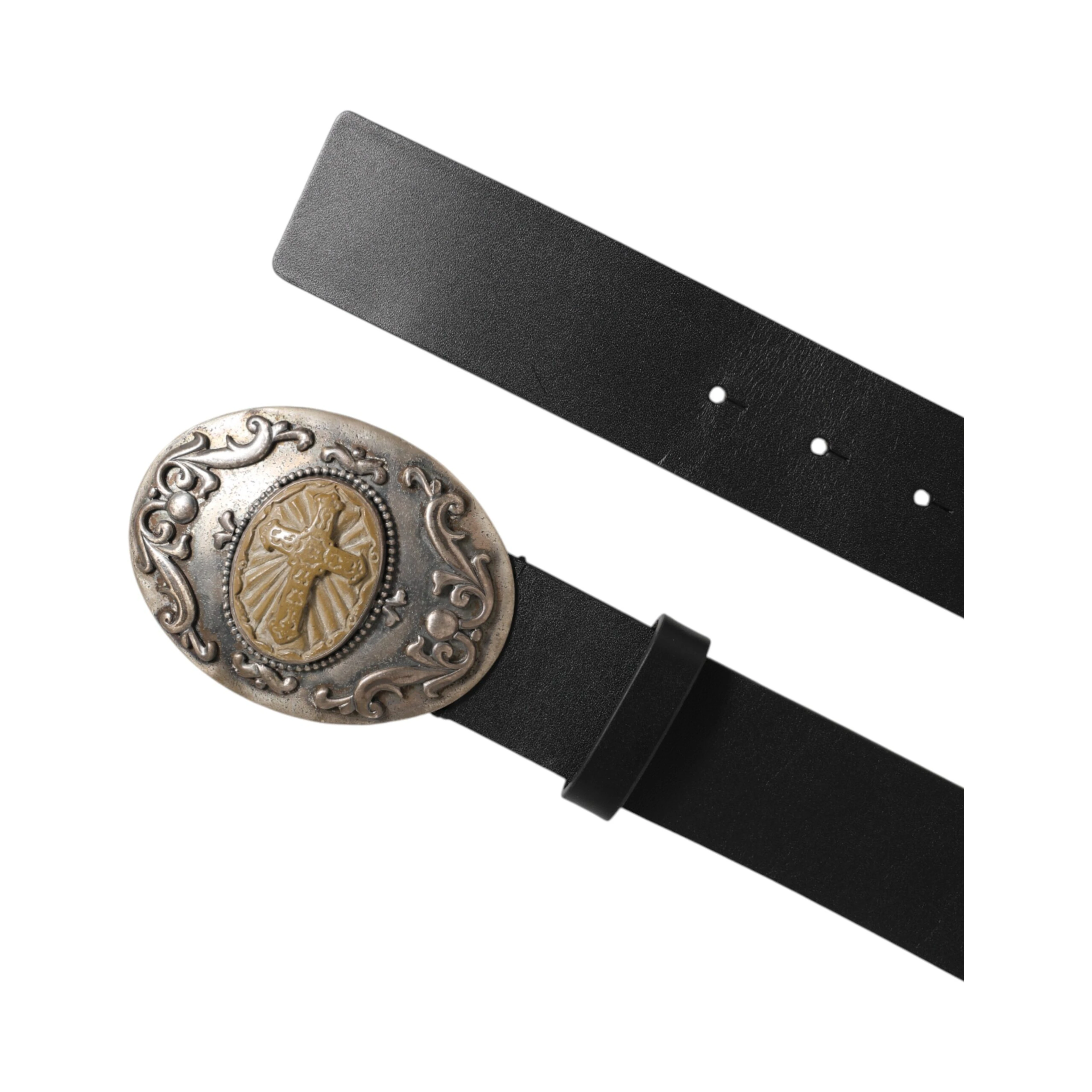 Black Leather Ornate Metal Buckle Men Belt