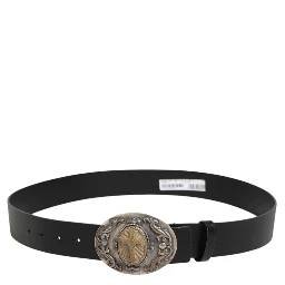Black Leather Ornate Metal Buckle Men Belt
