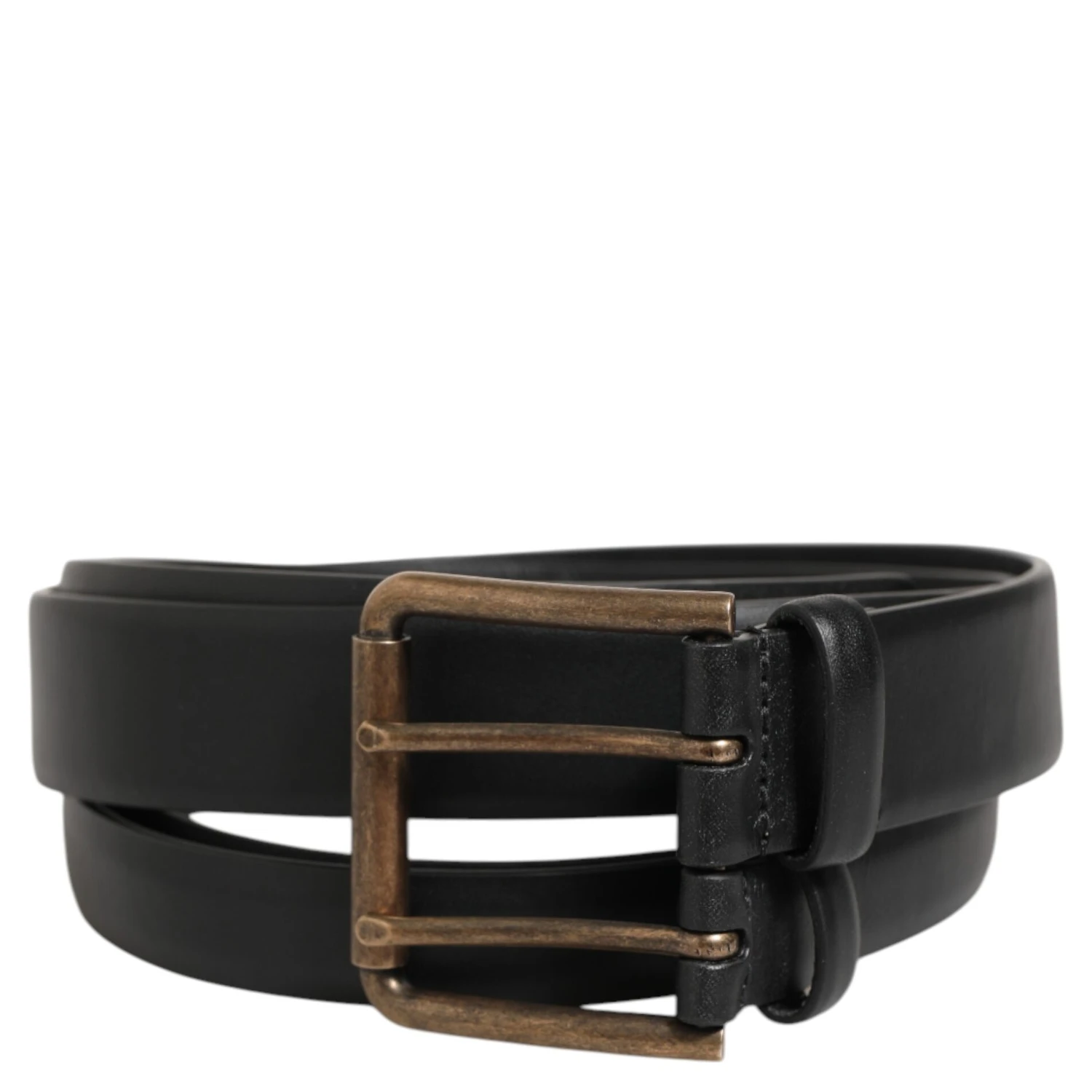 Black Double Strap Leather Brass Buckle Belt