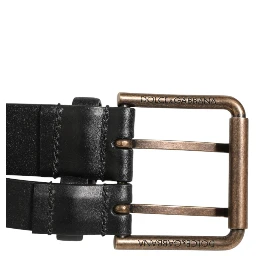 Black Double Strap Leather Brass Buckle Belt