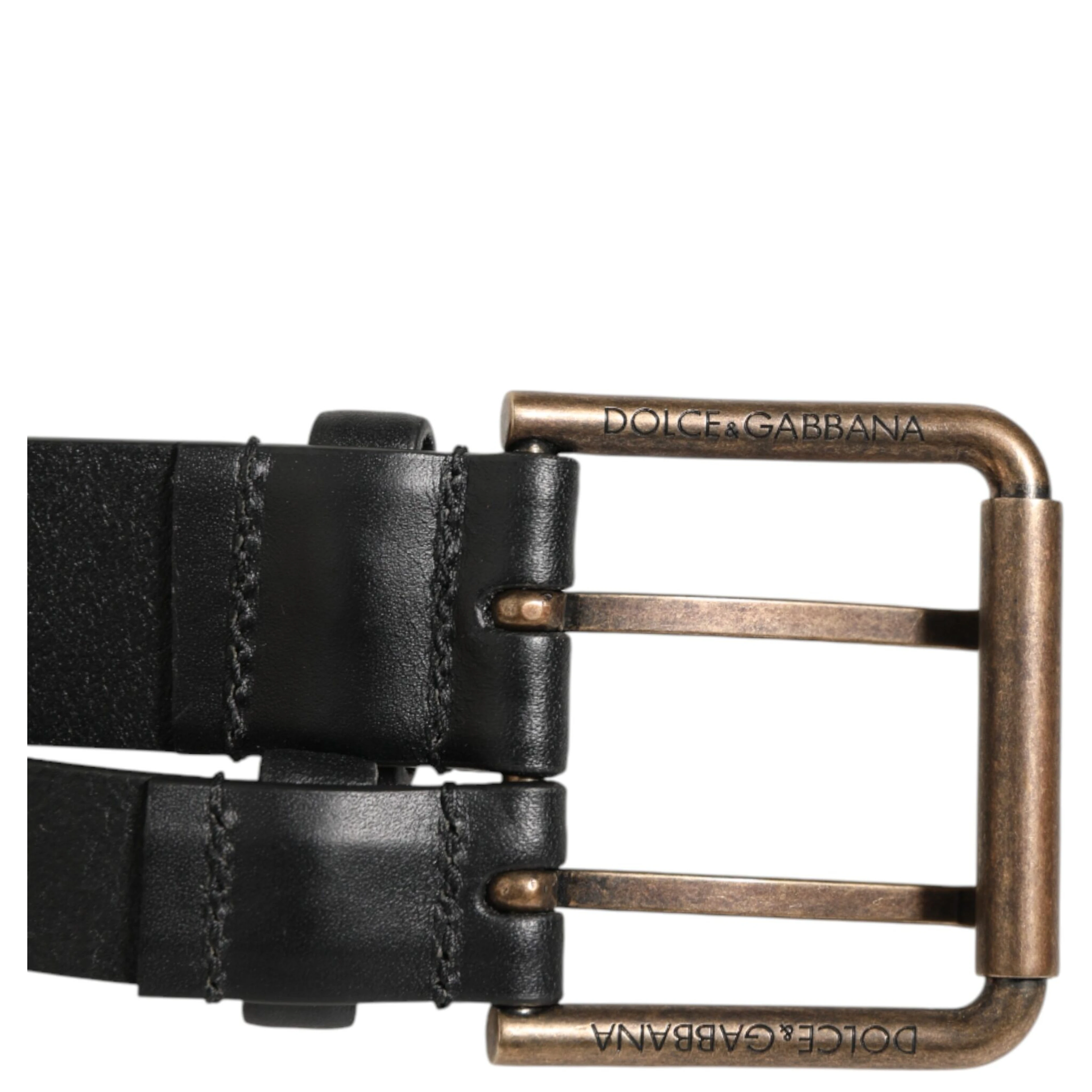 Black Double Strap Leather Brass Buckle Belt