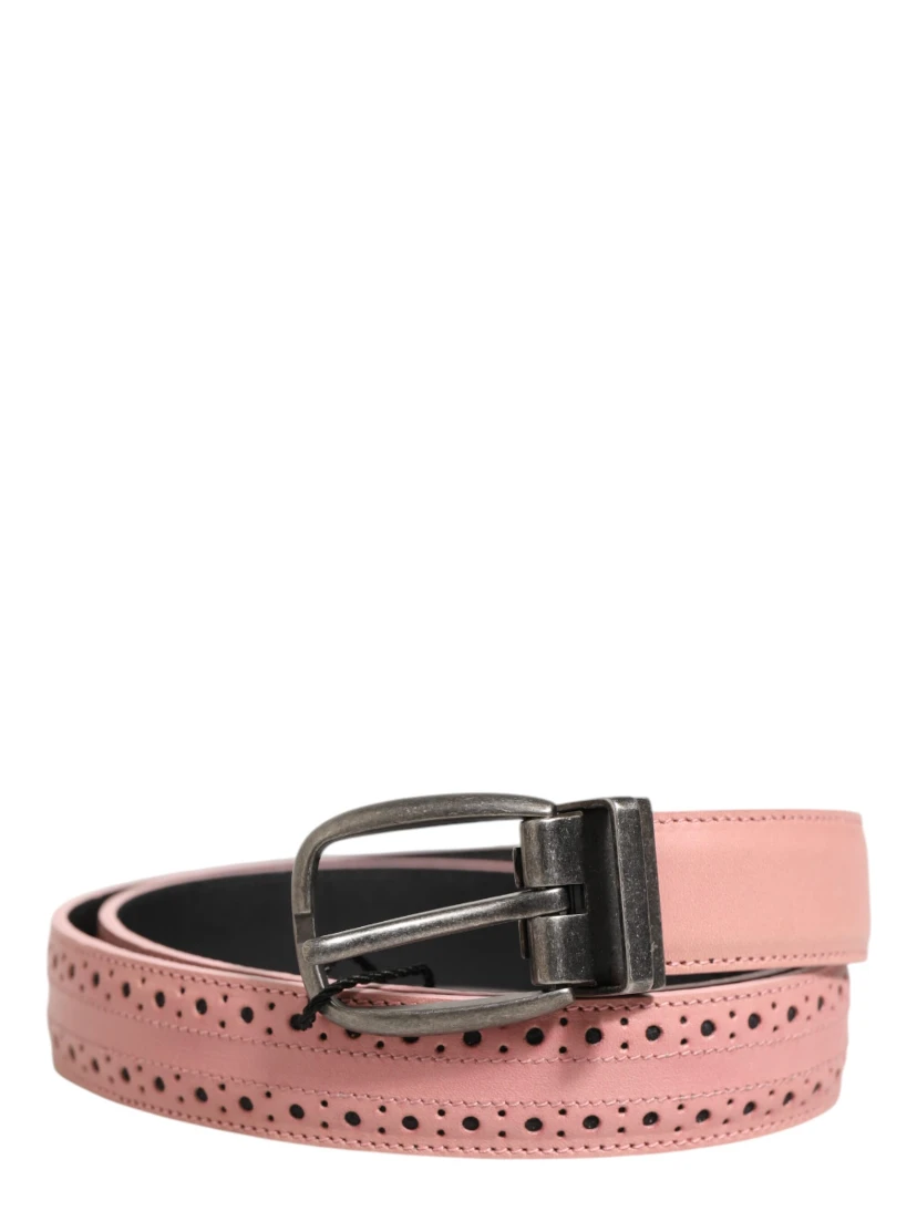 Pink Leather Perforated Detailing Buckle Belt