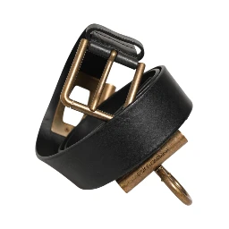 Black Leather Side Rings Brass Buckle Belt
